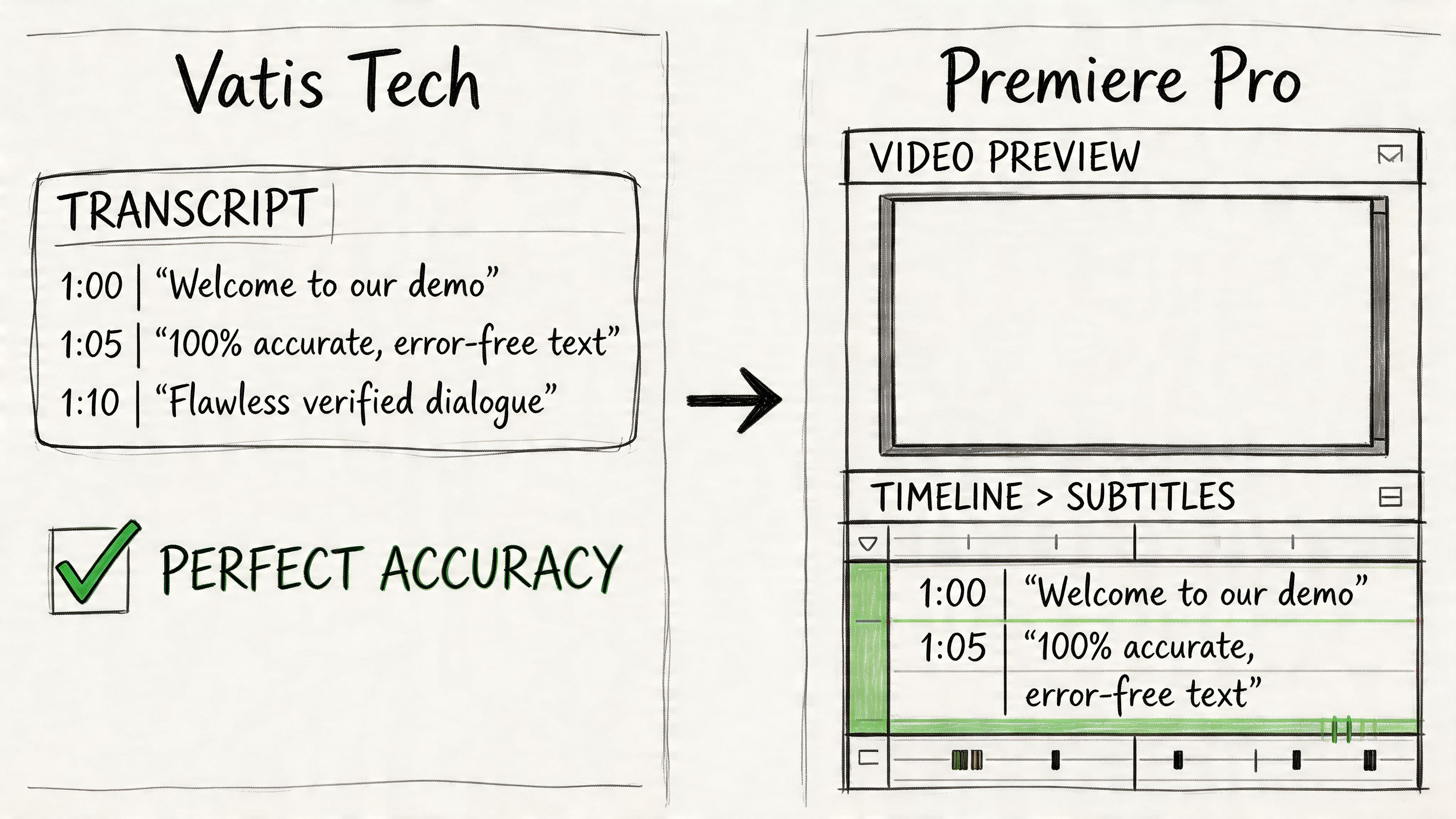 A diagram illustrating the Vatis Tech transcript workflow importing accurate subtitles into Adobe Premiere Pro software.