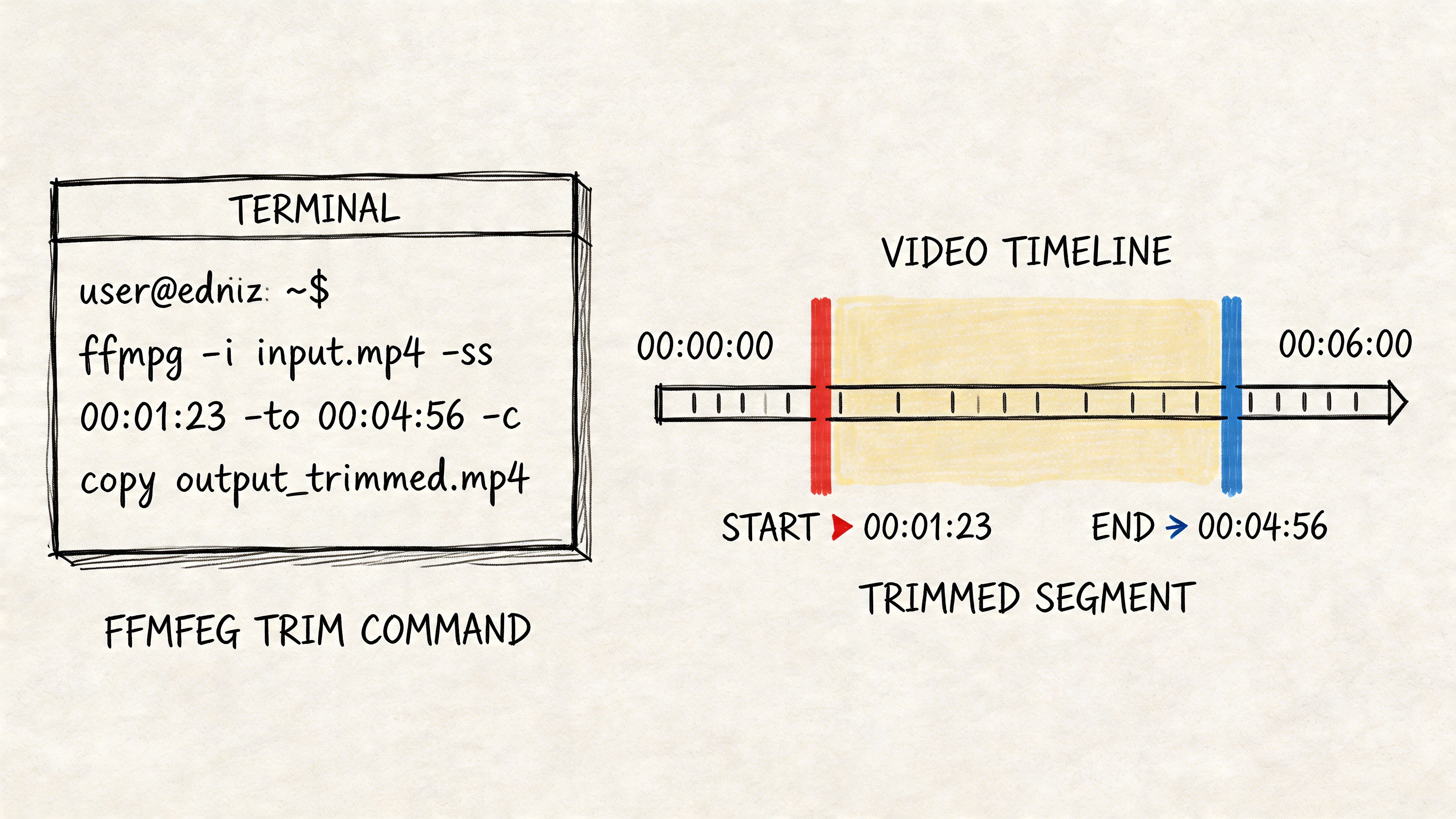 An illustration showing a command line terminal and a video timeline to demonstrate trimming a video file.
