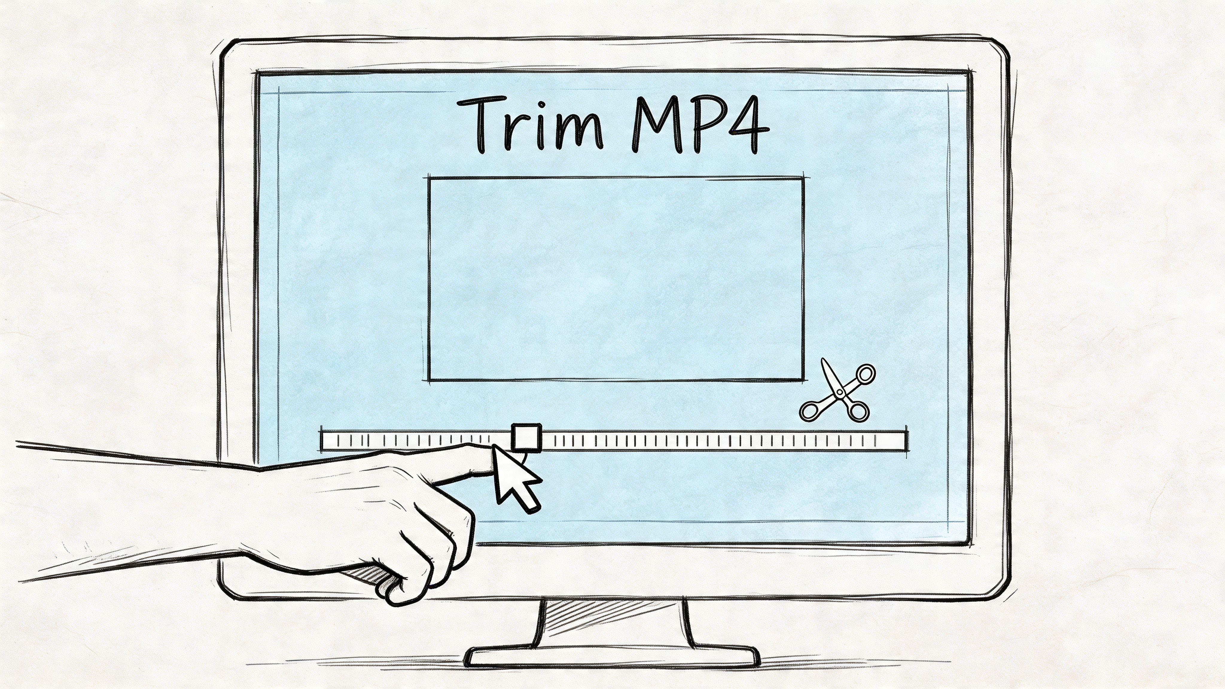 A hand using a computer cursor to adjust a timeline slider on a screen labeled Trim MP4.