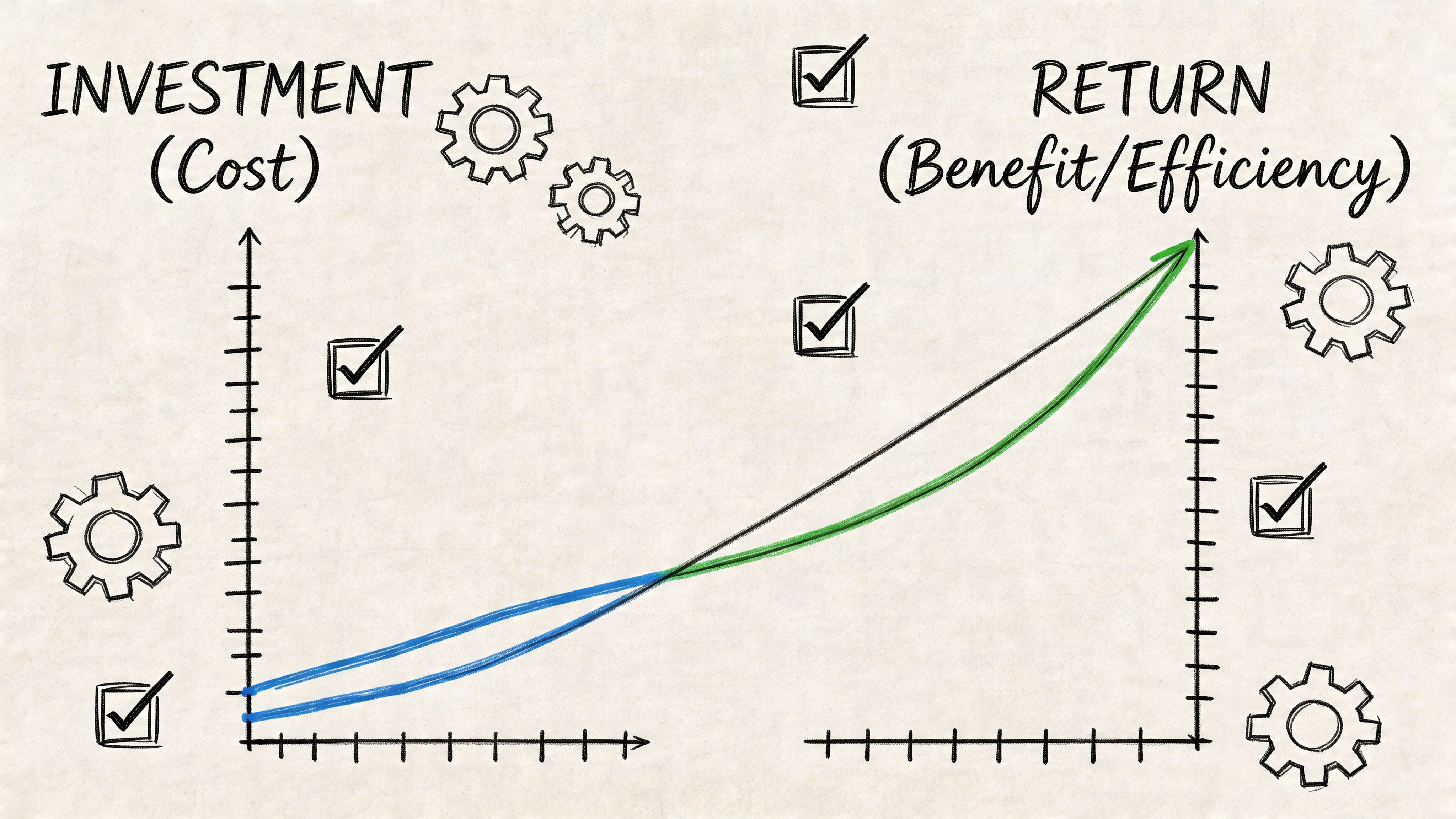 A hand-drawn business chart comparing investment costs and returns with graphs, checkmarks, and gear icons.