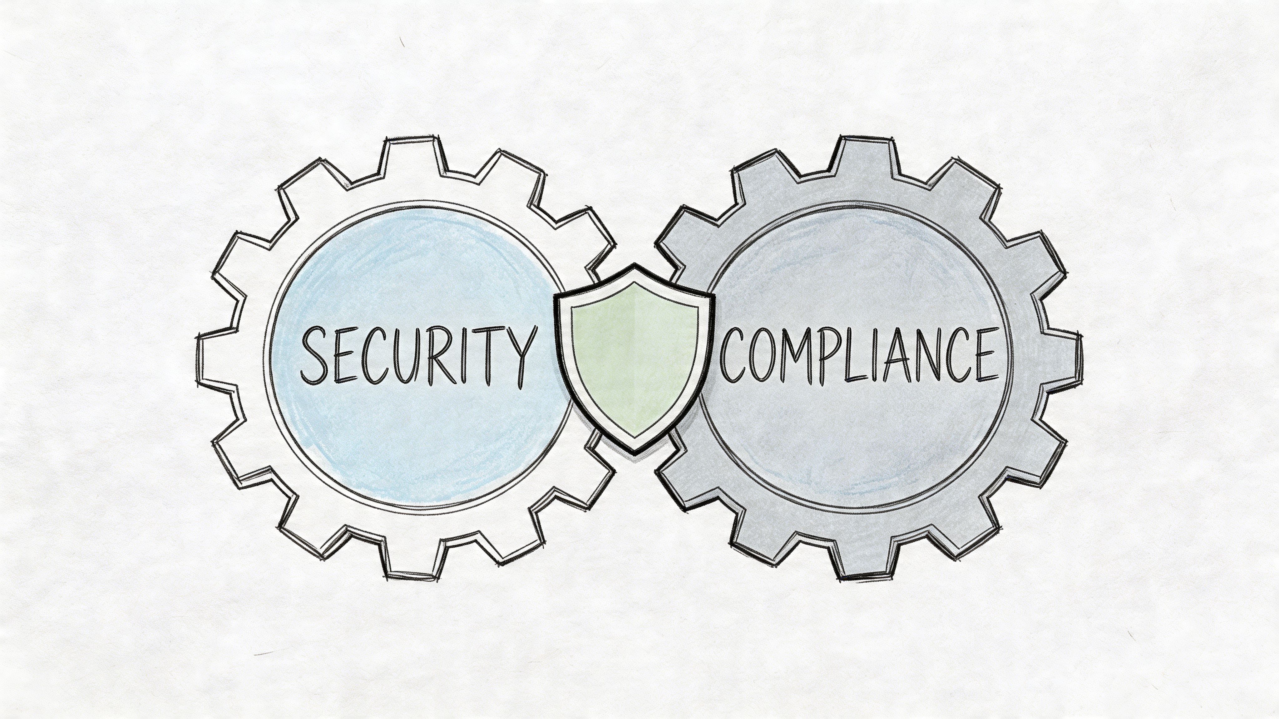 A conceptual illustration showing two interlocking mechanical gears labeled with the words Security and Compliance.