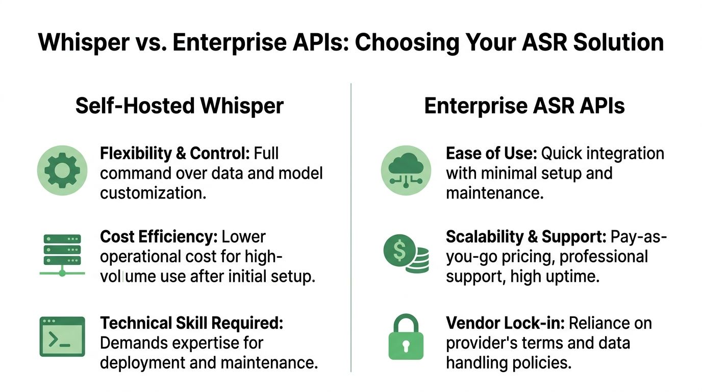 A comparison chart outlining the pros and cons of self-hosted Whisper versus enterprise ASR APIs.