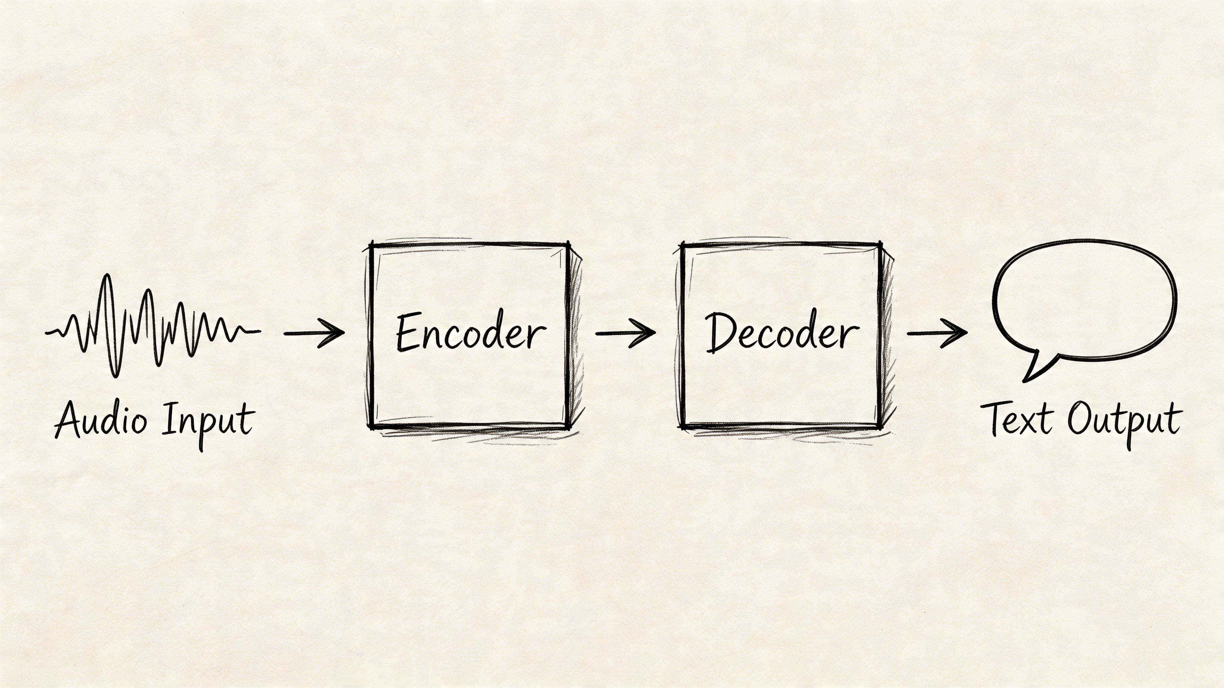 A diagram illustrating the speech-to-text process with an audio input waveform, encoder, decoder, and text output bubble.