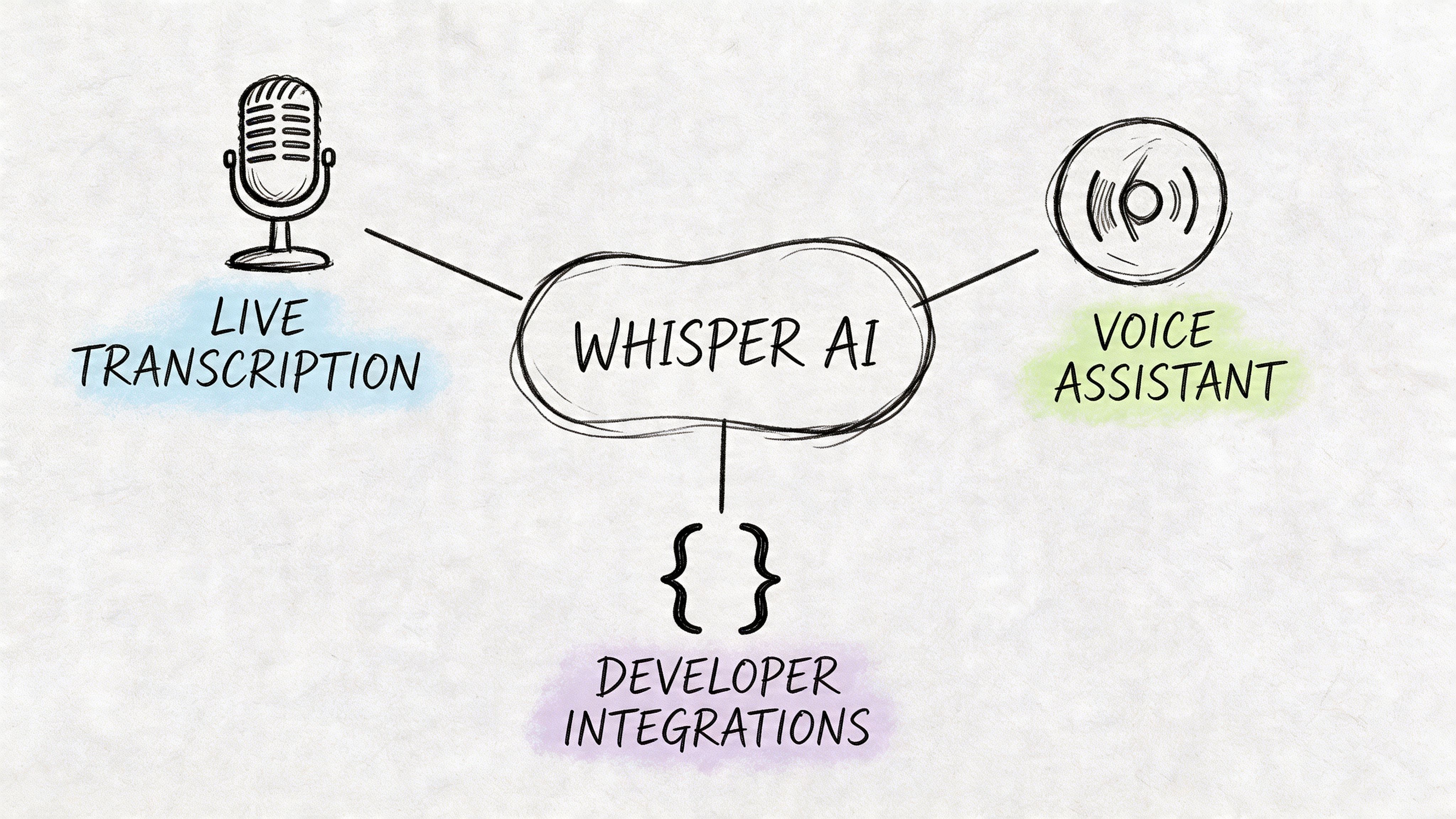 A hand-drawn diagram illustrating three key applications of Whisper AI: live transcription, voice assistant, and developer integrations.