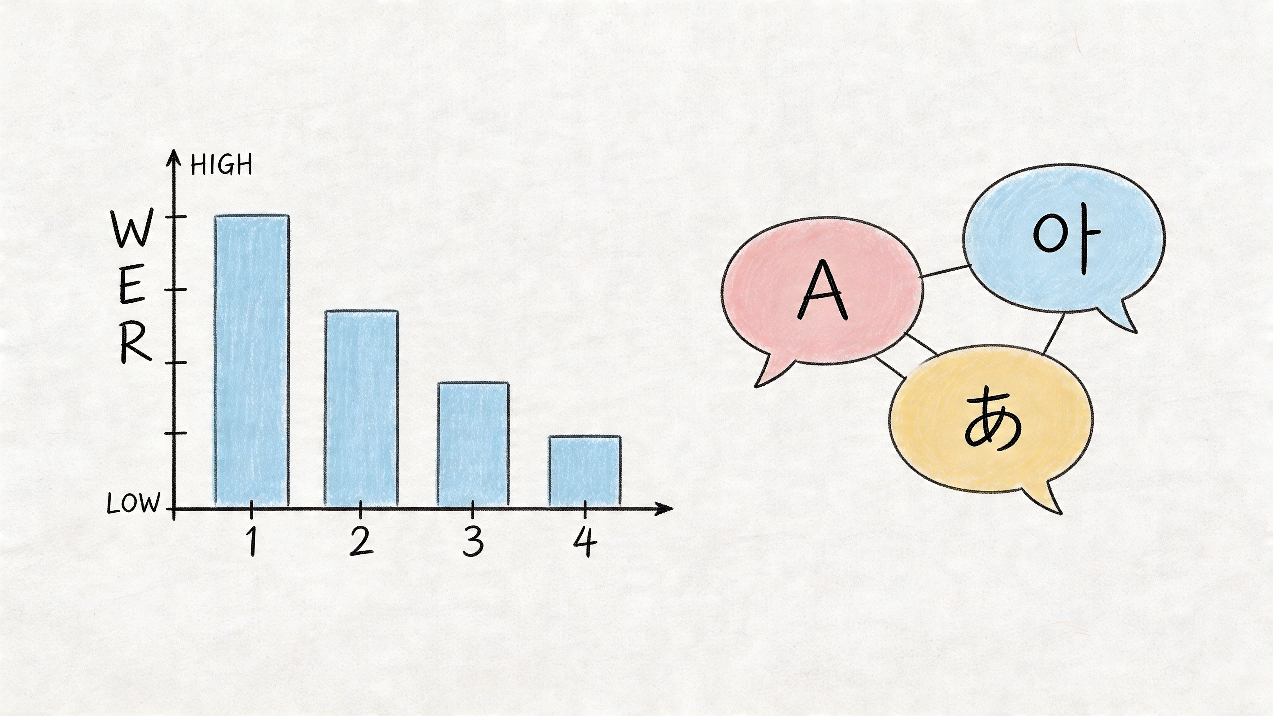 A bar chart showing decreasing WER and speech bubbles representing English, Korean, and Japanese language symbols.