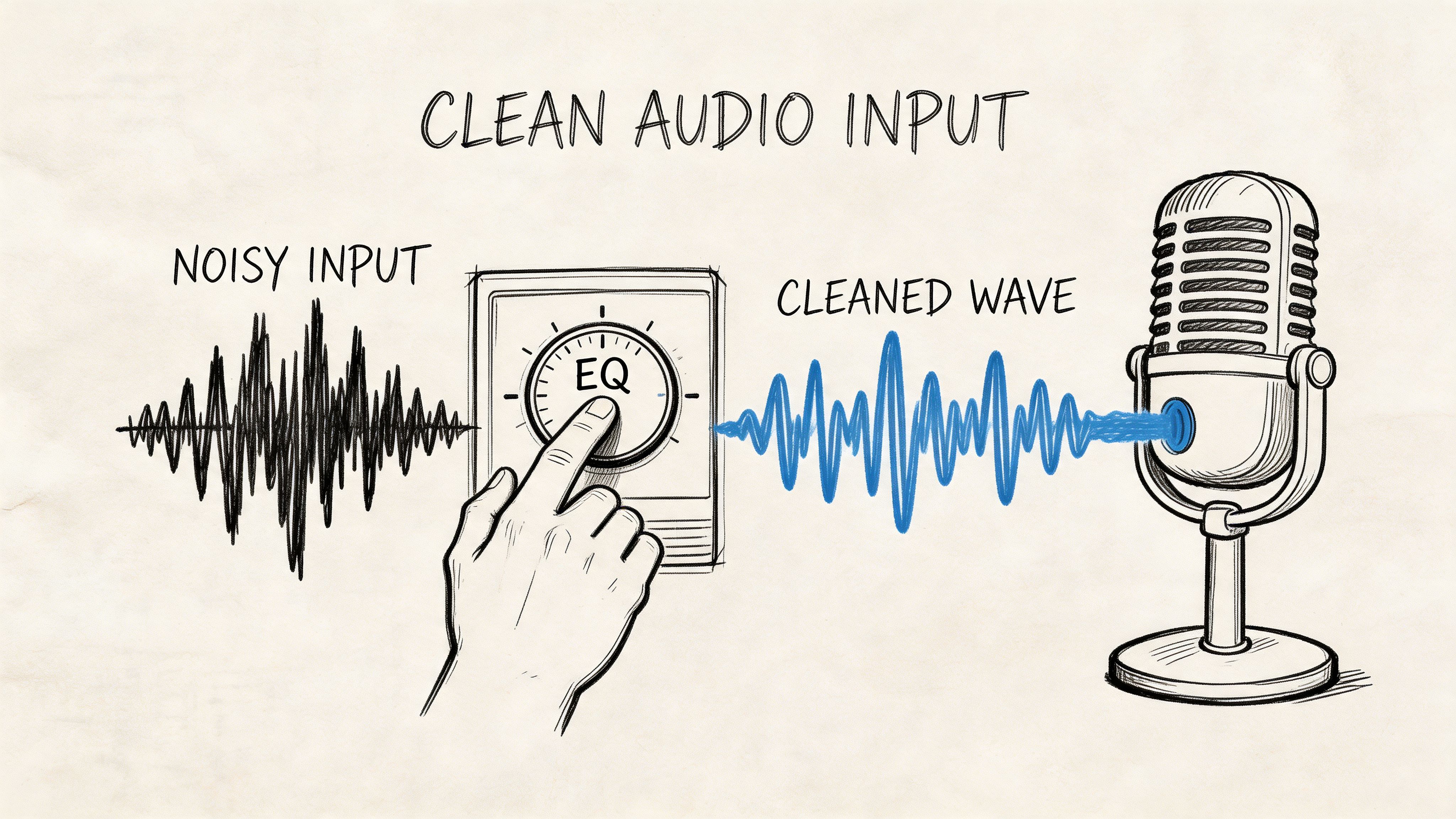 A hand adjusts an equalizer knob to transform a noisy audio waveform into a clean sound wave.