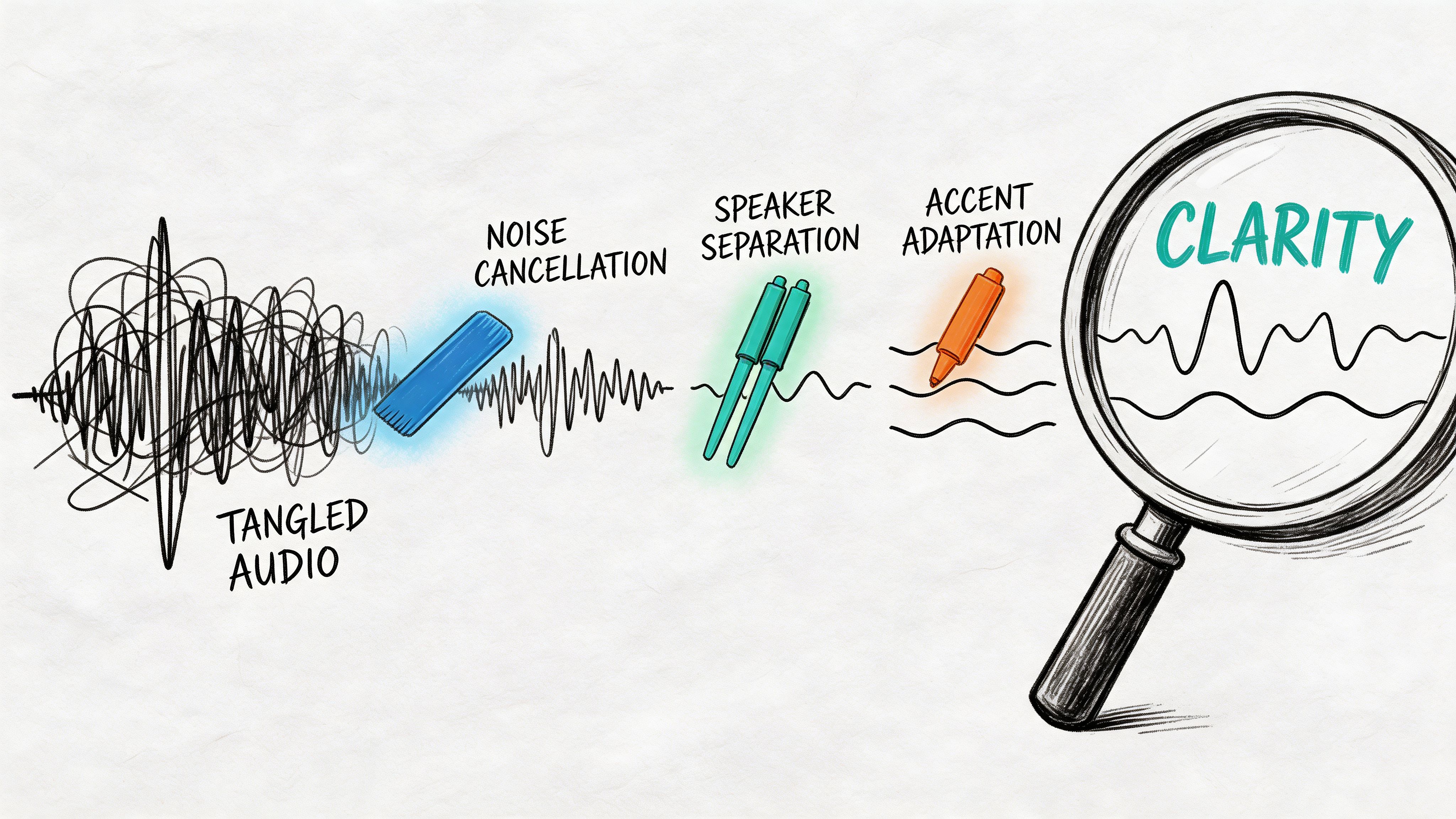 A diagram illustrating the process of converting tangled audio into clear speech through noise cancellation and separation.