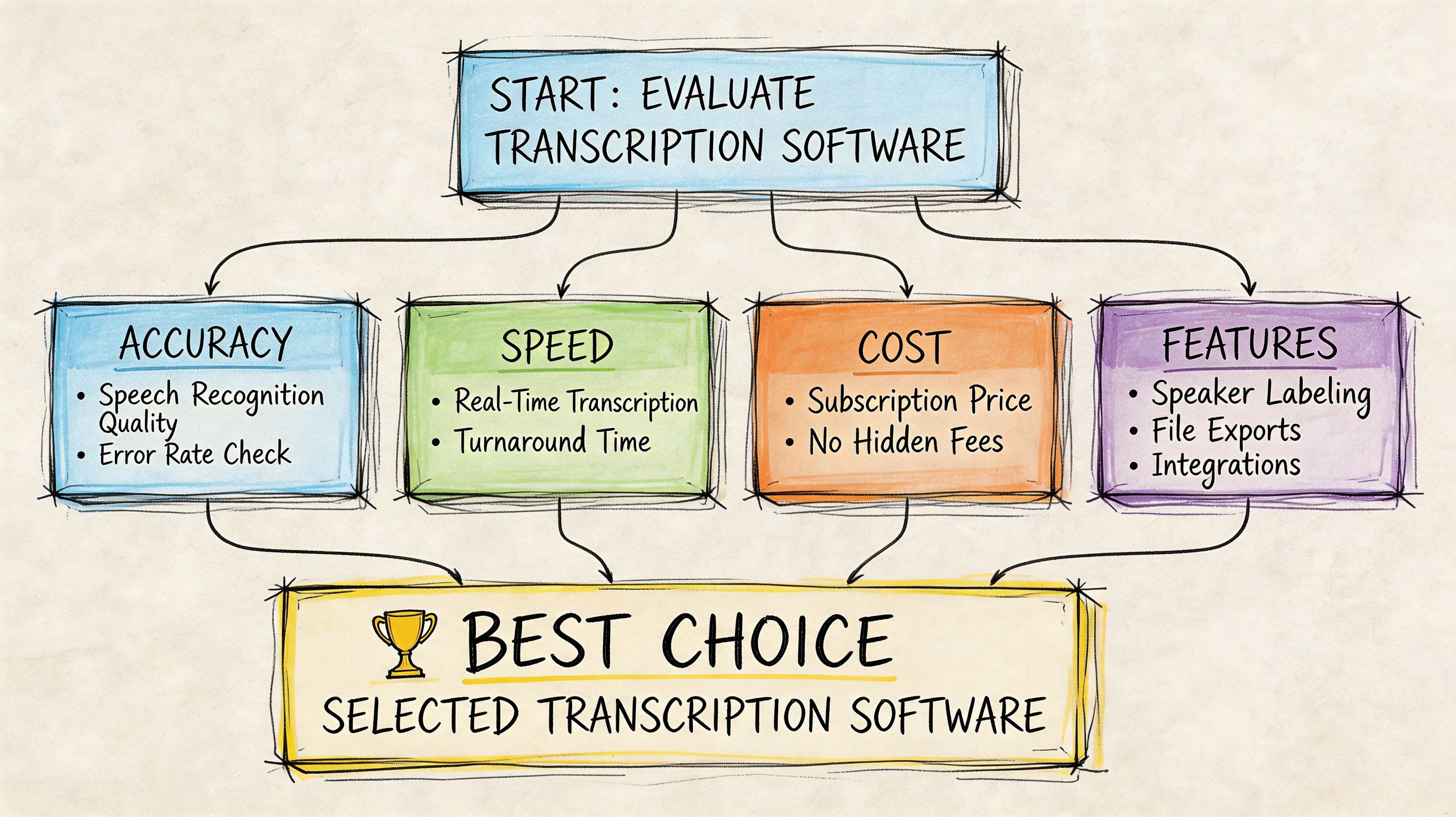 A diagram outlining the evaluation process for choosing the best transcription software based on key performance factors.