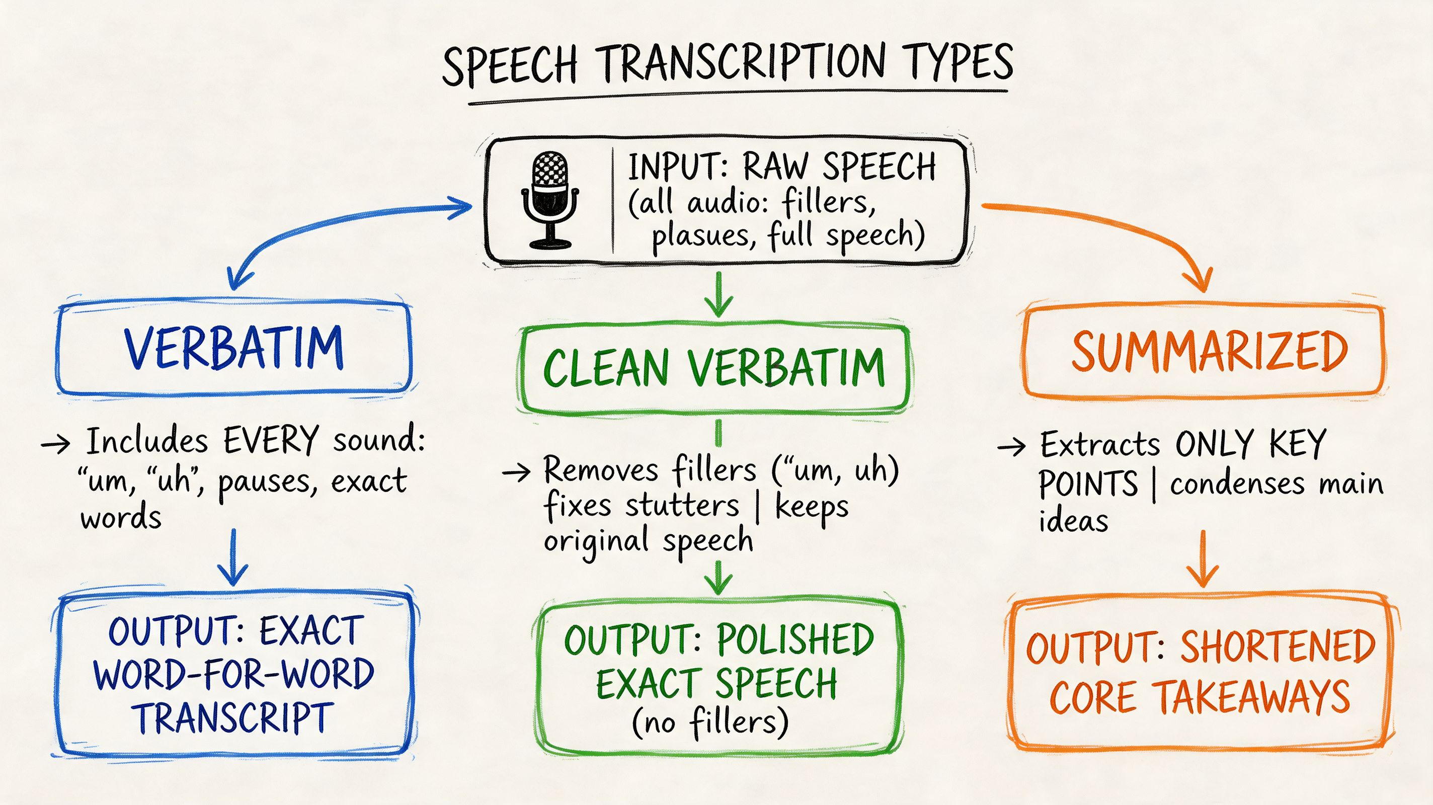 A diagram illustrating three types of speech transcription: verbatim, clean verbatim, and summarized for better understanding.