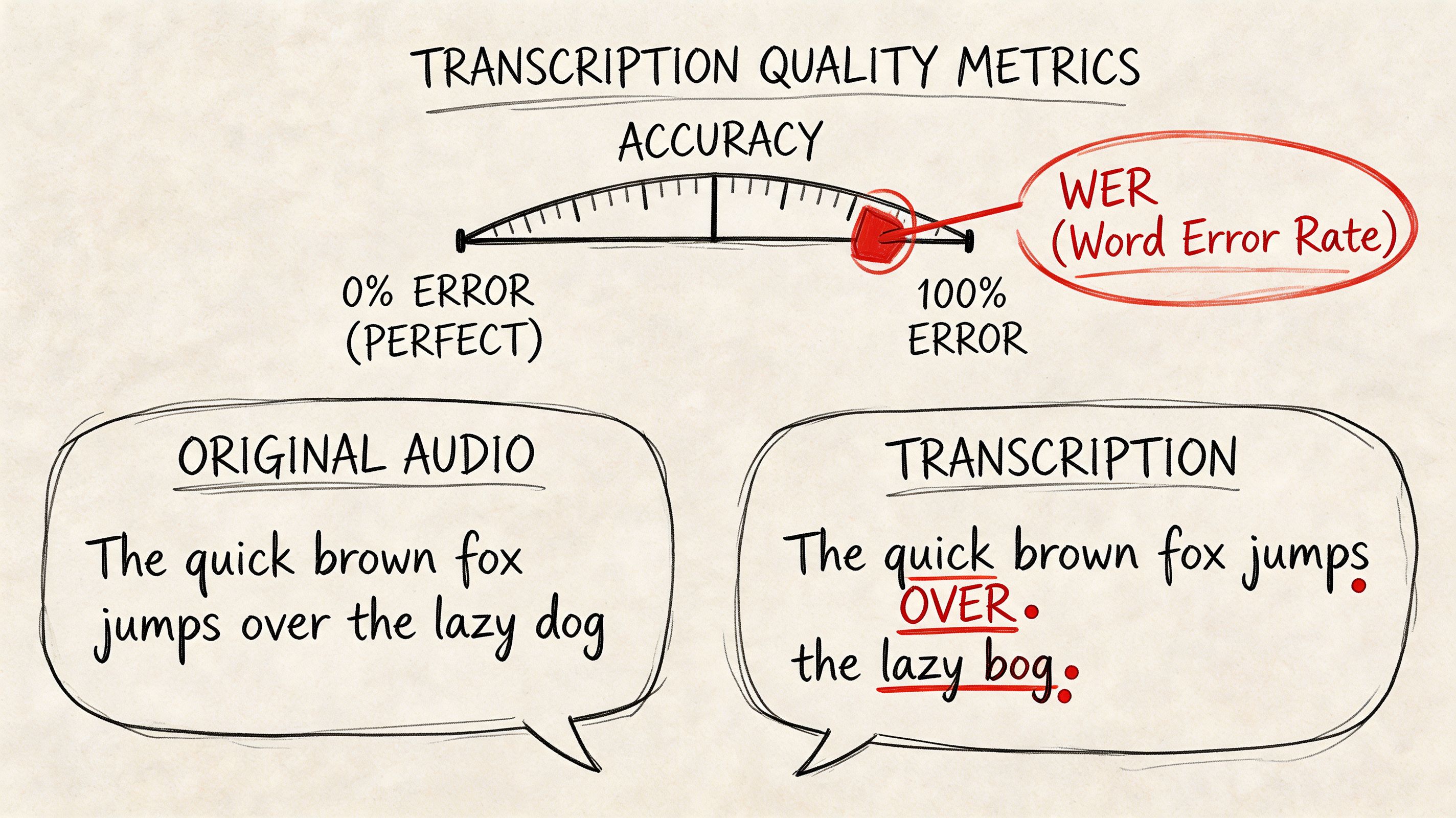 A diagram illustrating transcription quality metrics and the concept of Word Error Rate for speech recognition.