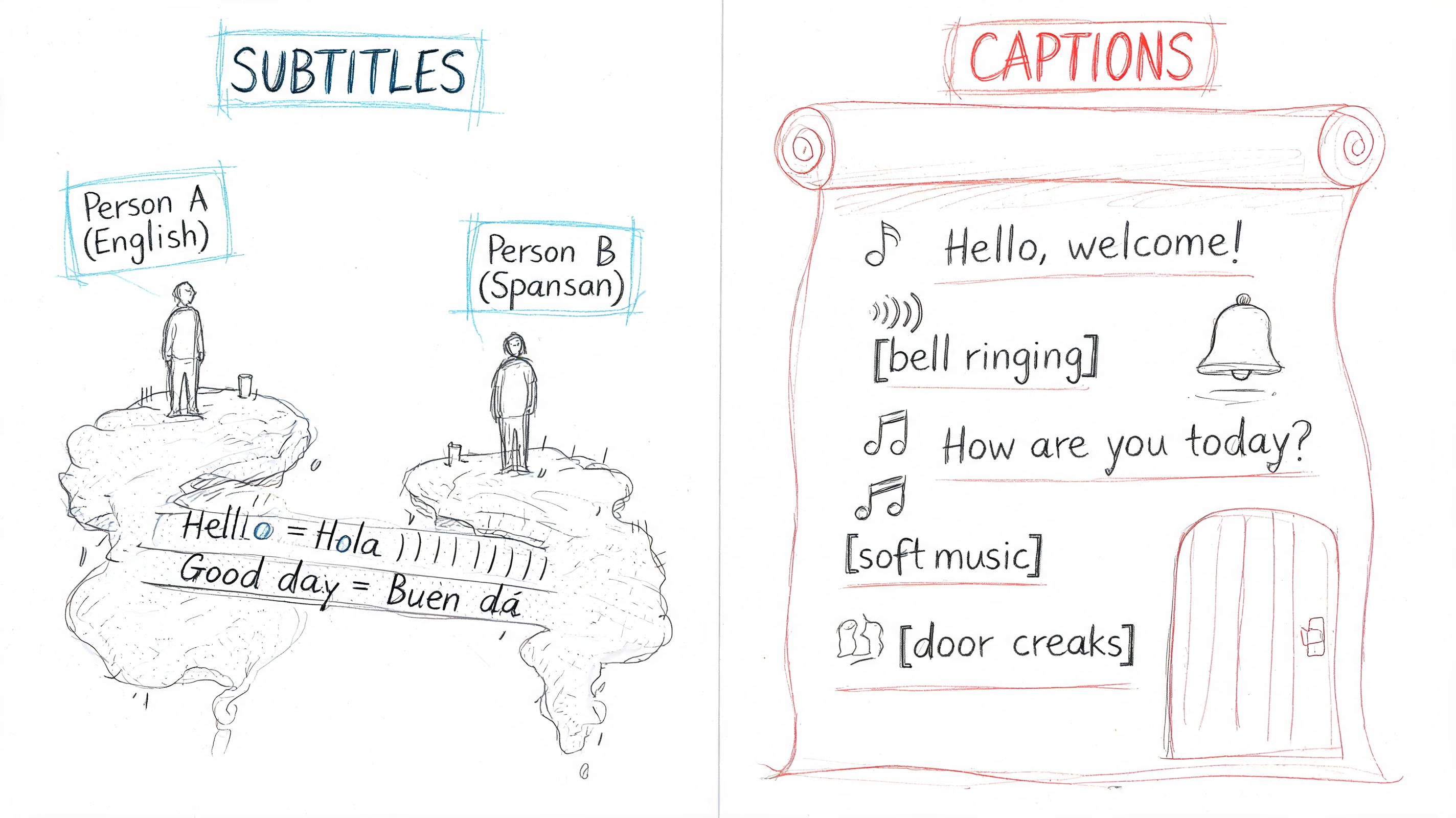 A hand-drawn comparison showing subtitles translating speech between languages and captions describing both speech and background sounds.
