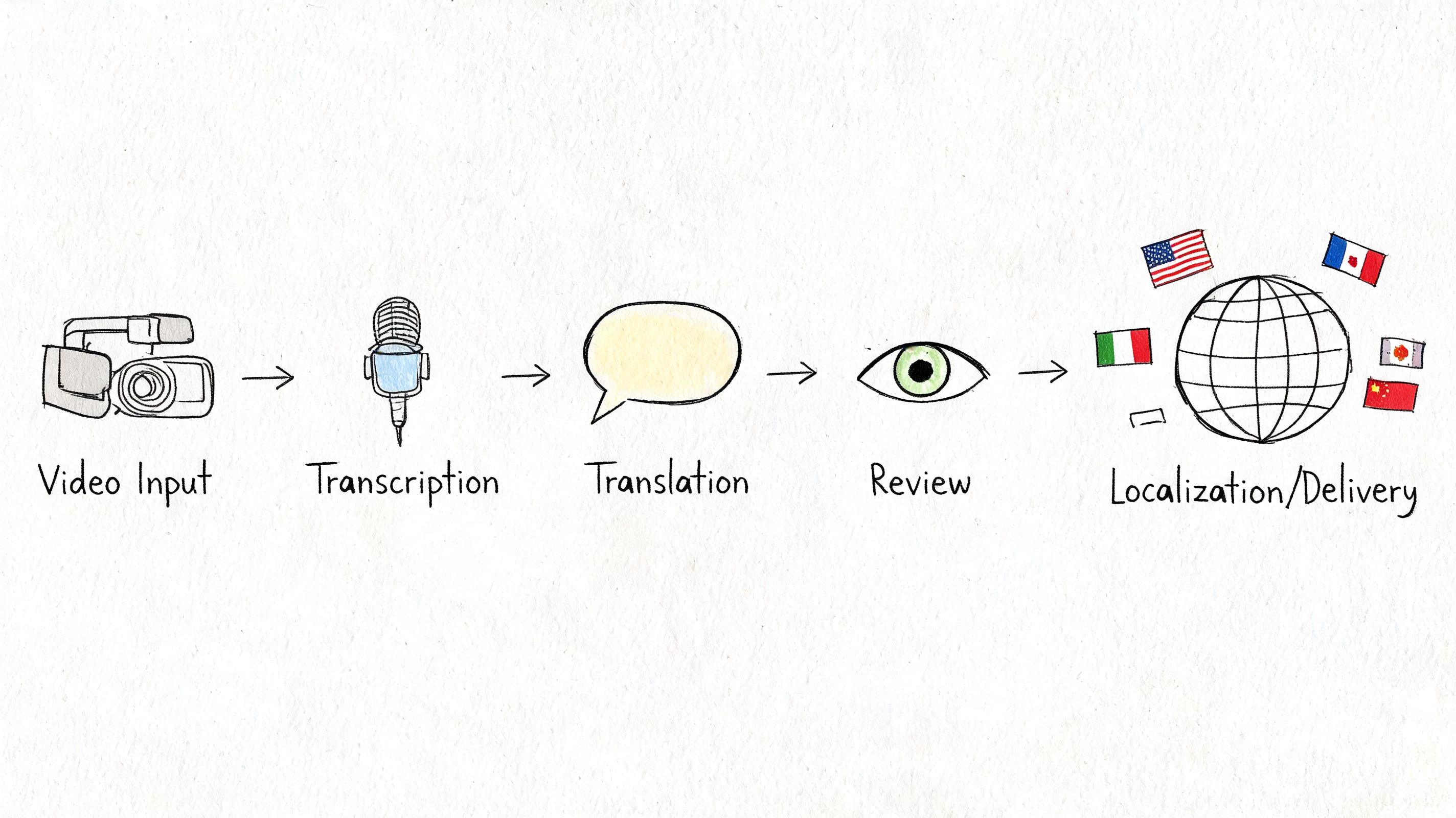 A hand-drawn diagram illustrating the workflow process of video subtitle creation from input to global delivery.
