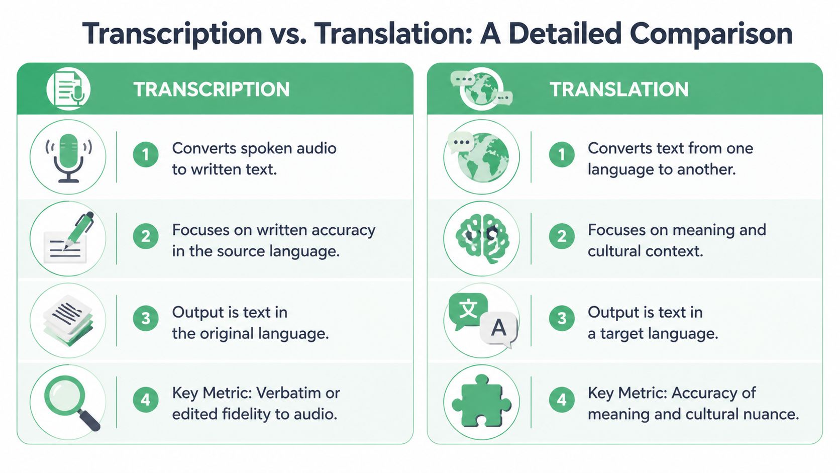 A comparison chart outlining the four main differences between transcription and translation for language services.