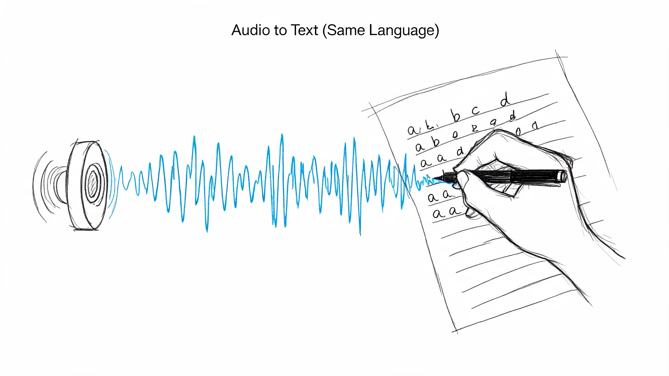 A hand drawing a sound wave translating into written text on a paper sheet.