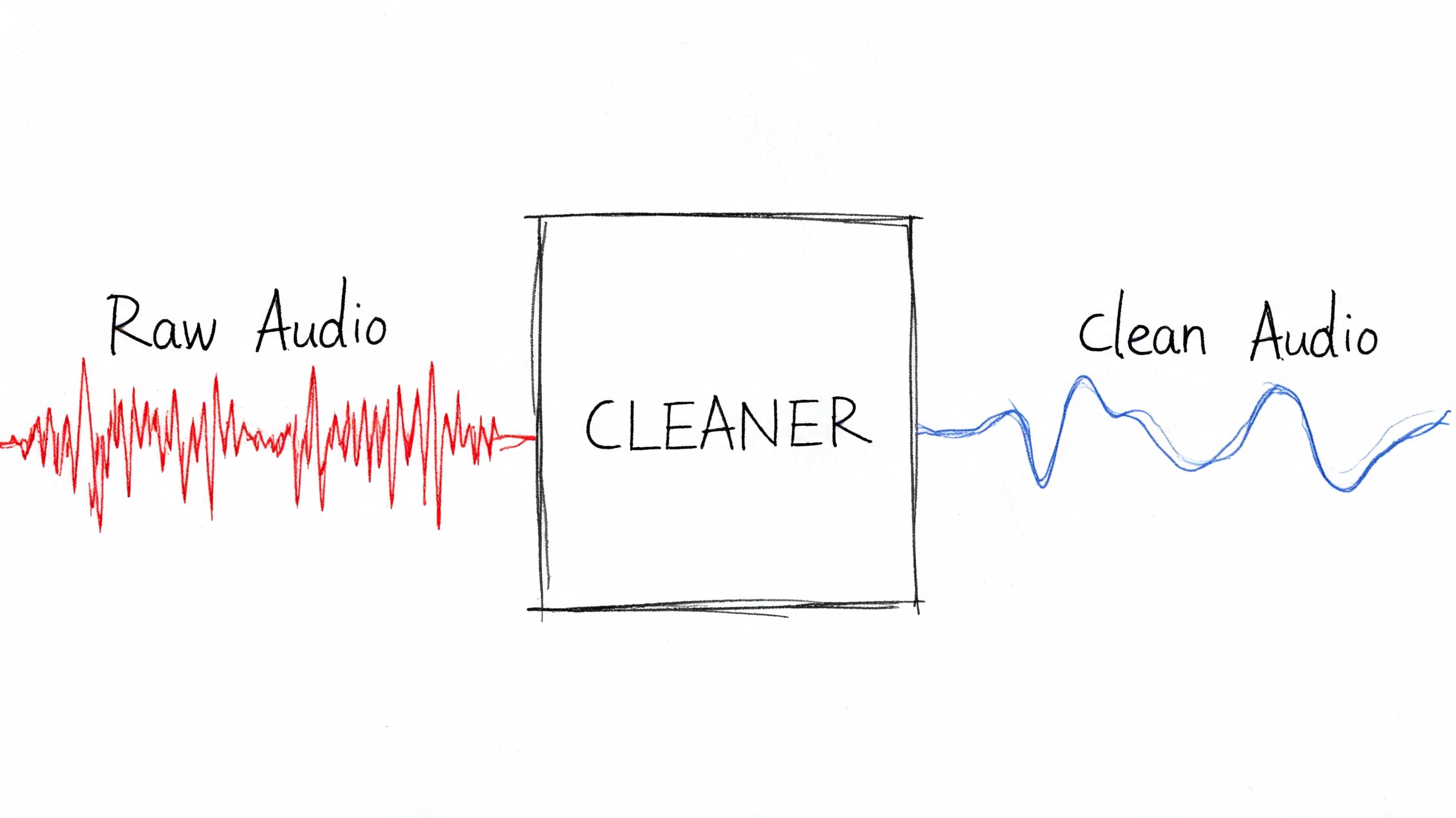 A diagram illustrating raw, noisy audio being processed through a cleaning box to produce clear audio.