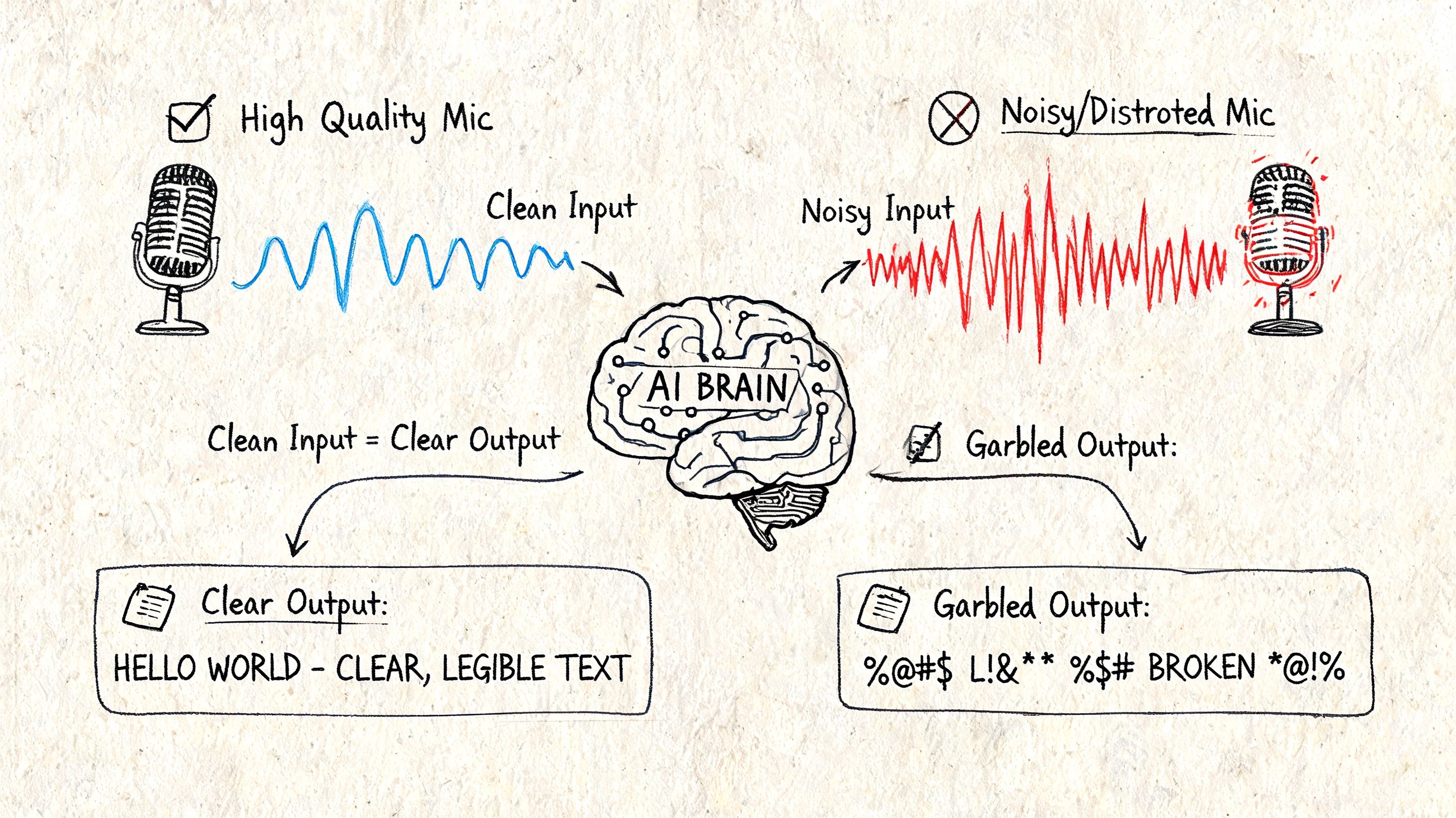 An infographic illustrating how microphone audio quality directly impacts AI transcription accuracy and output clarity.