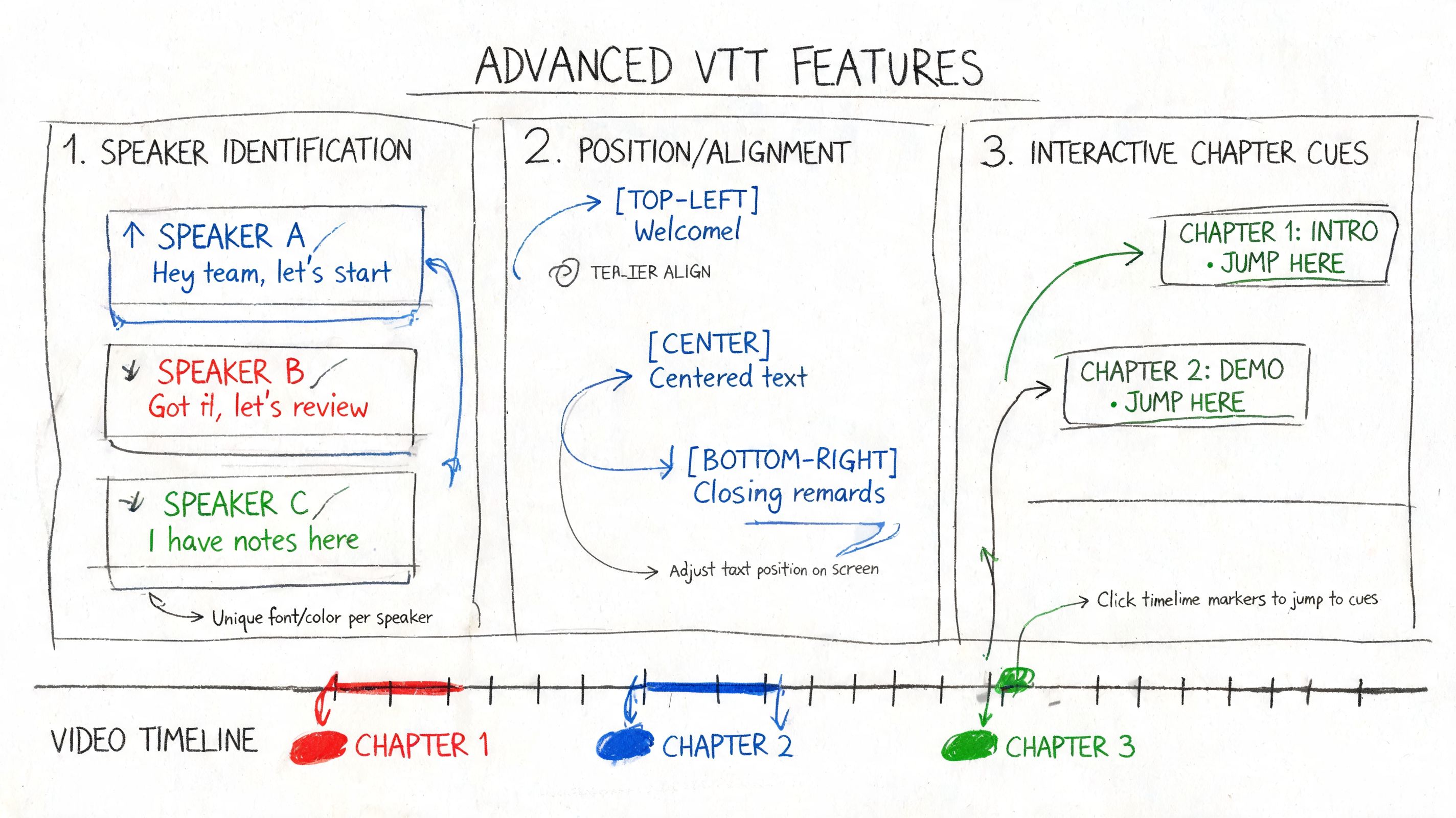 A hand-drawn infographic titled Advanced VTT Features, illustrating speaker identification, text alignment, and interactive chapter cues.