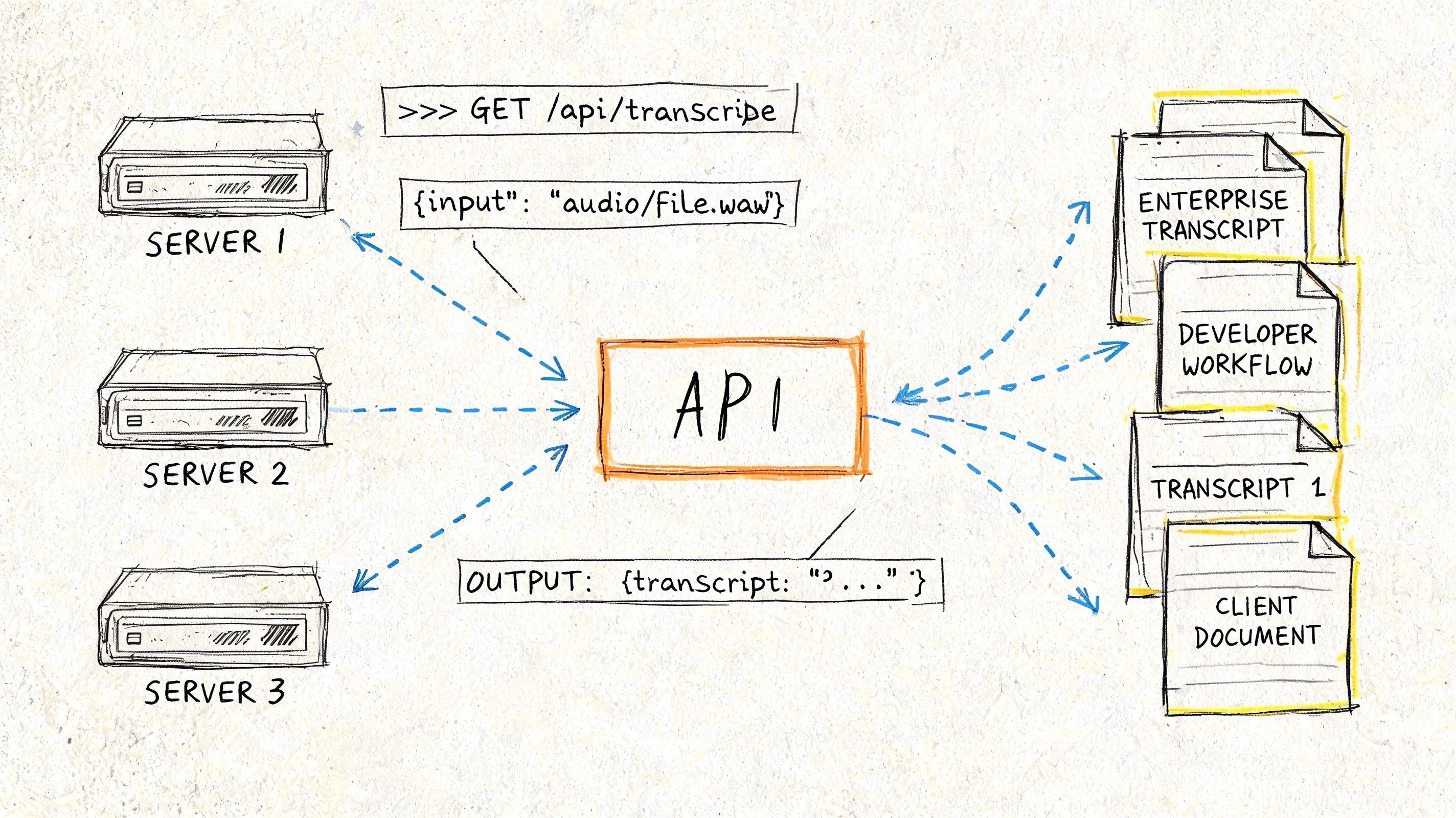 A hand-drawn diagram illustrating an API processing audio files from servers into various document formats.