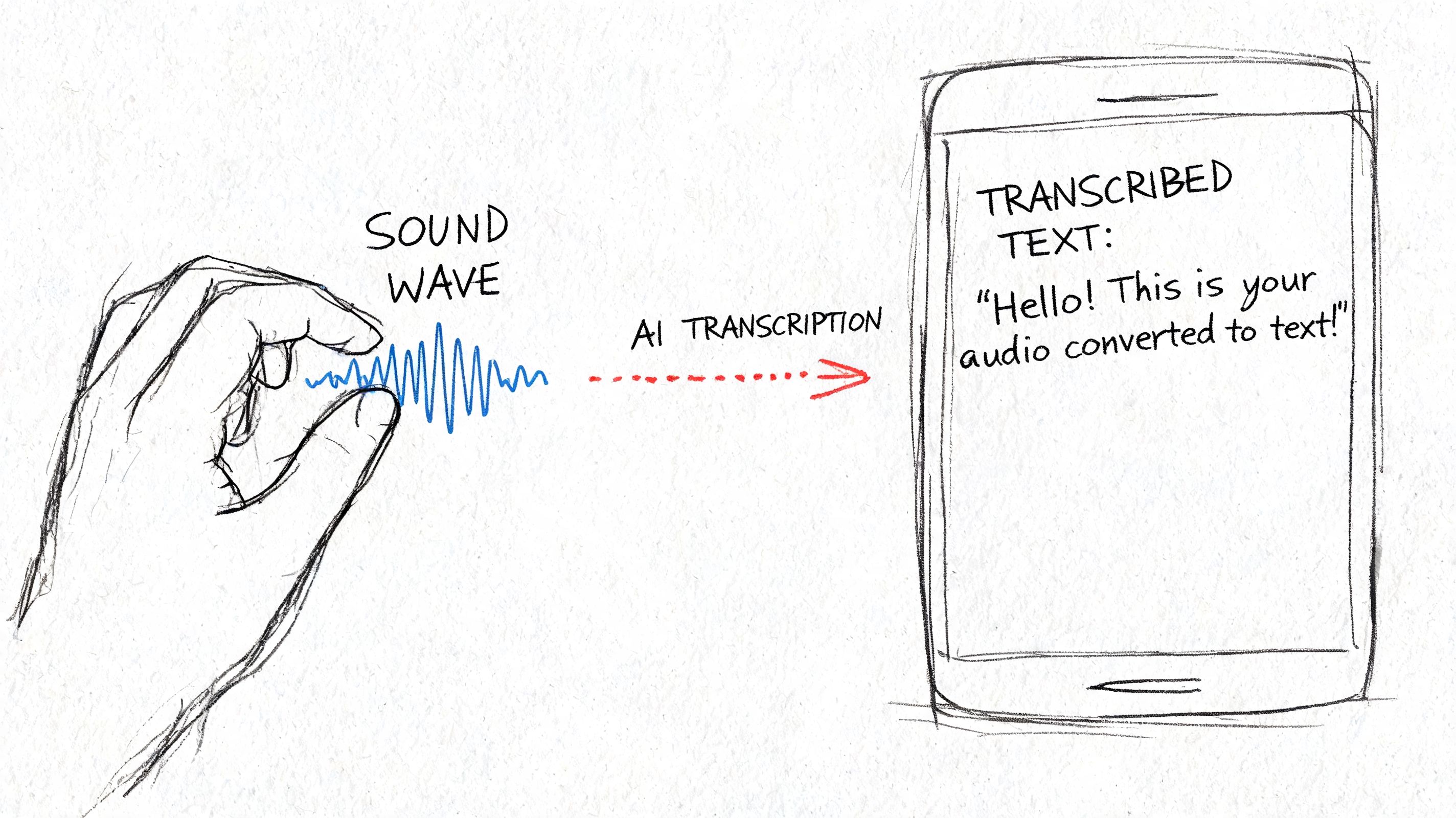A hand holding a blue sound wave being converted into text on a smartphone screen.