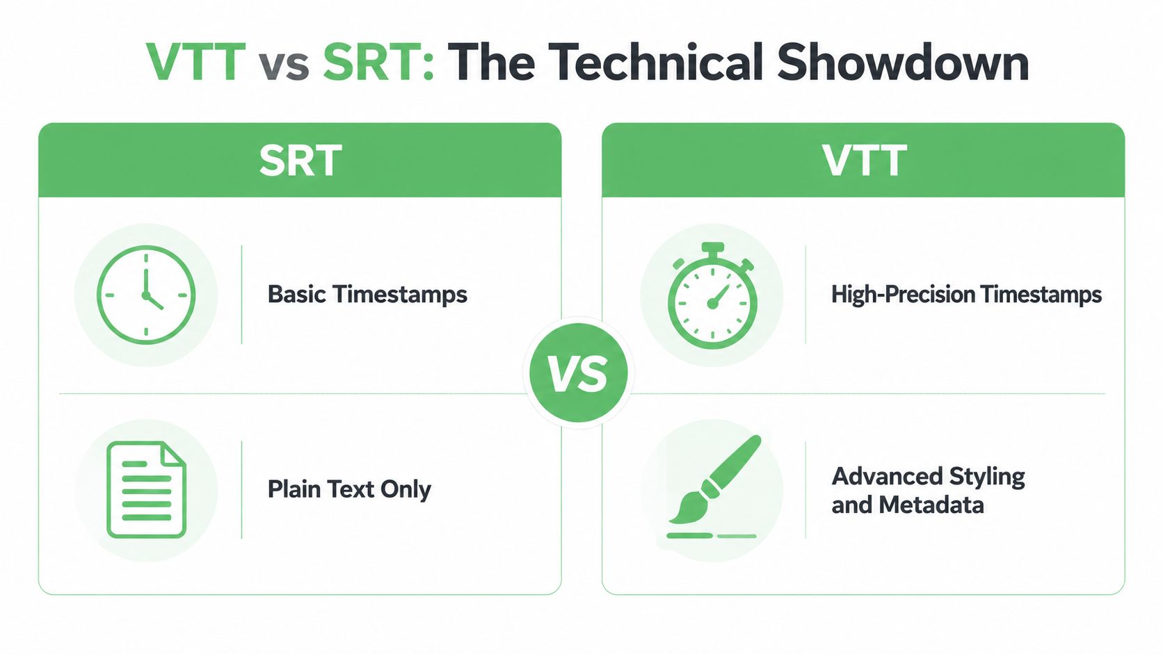 A comparison infographic showing the technical differences between SRT and VTT subtitle file formats.