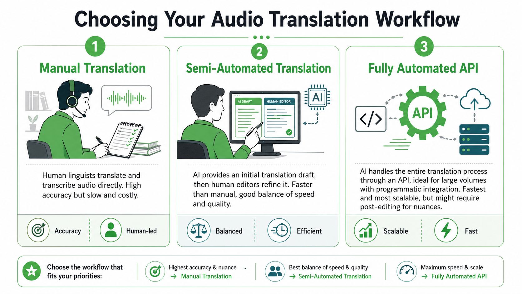 A diagram illustrating three different audio translation workflows: manual, semi-automated with AI, and fully automated API.