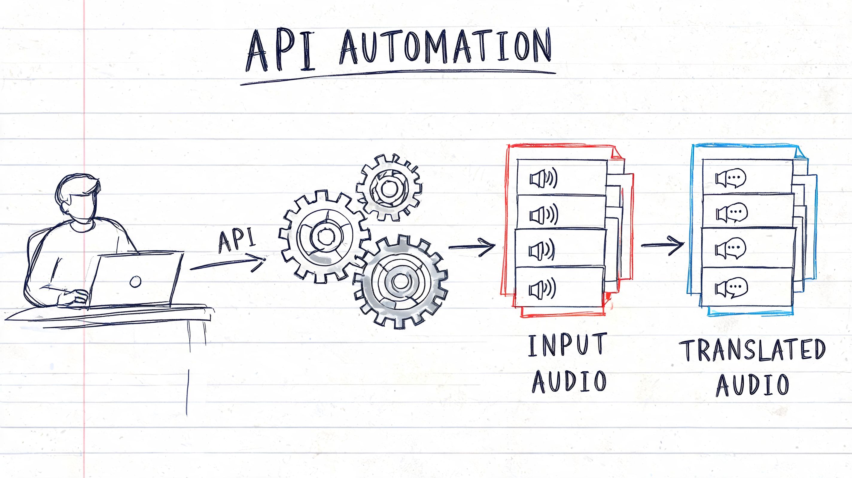 A hand-drawn sketch illustrating an API automation process from input audio files to translated audio files.