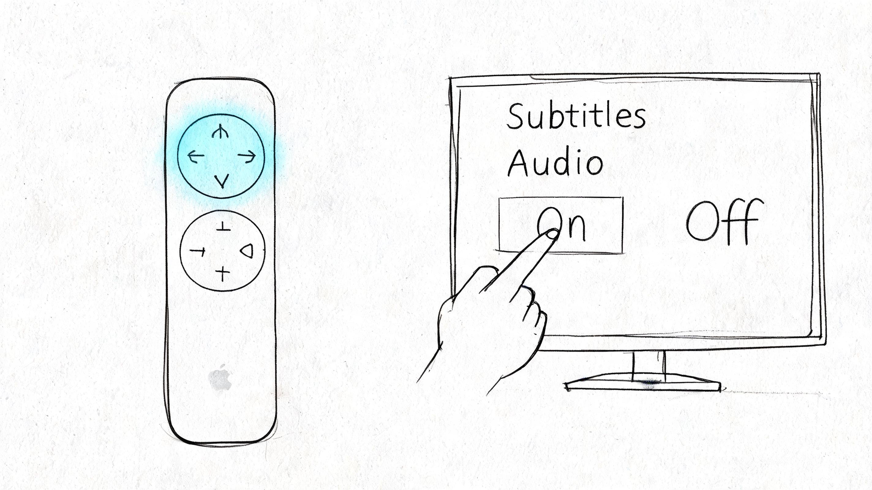 A line drawing illustration showing an Apple TV remote being used to toggle subtitles settings on screen.