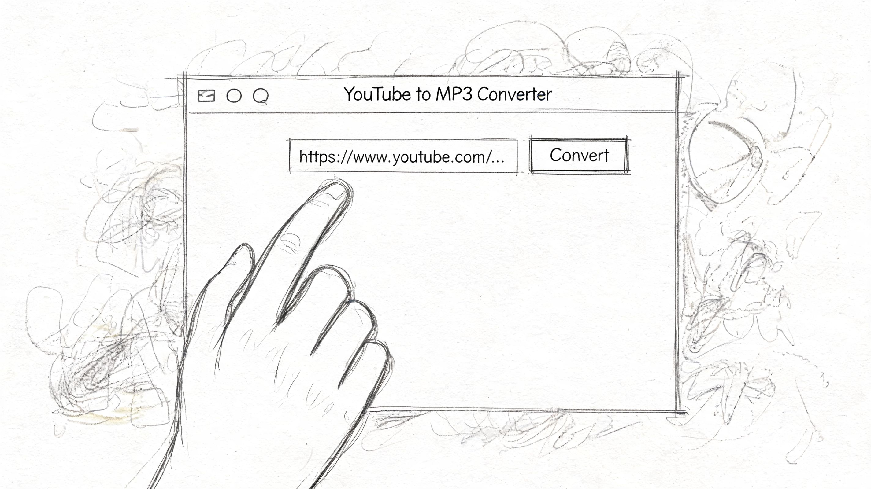 A hand points at a digital interface for a YouTube to MP3 converter in a sketch style.