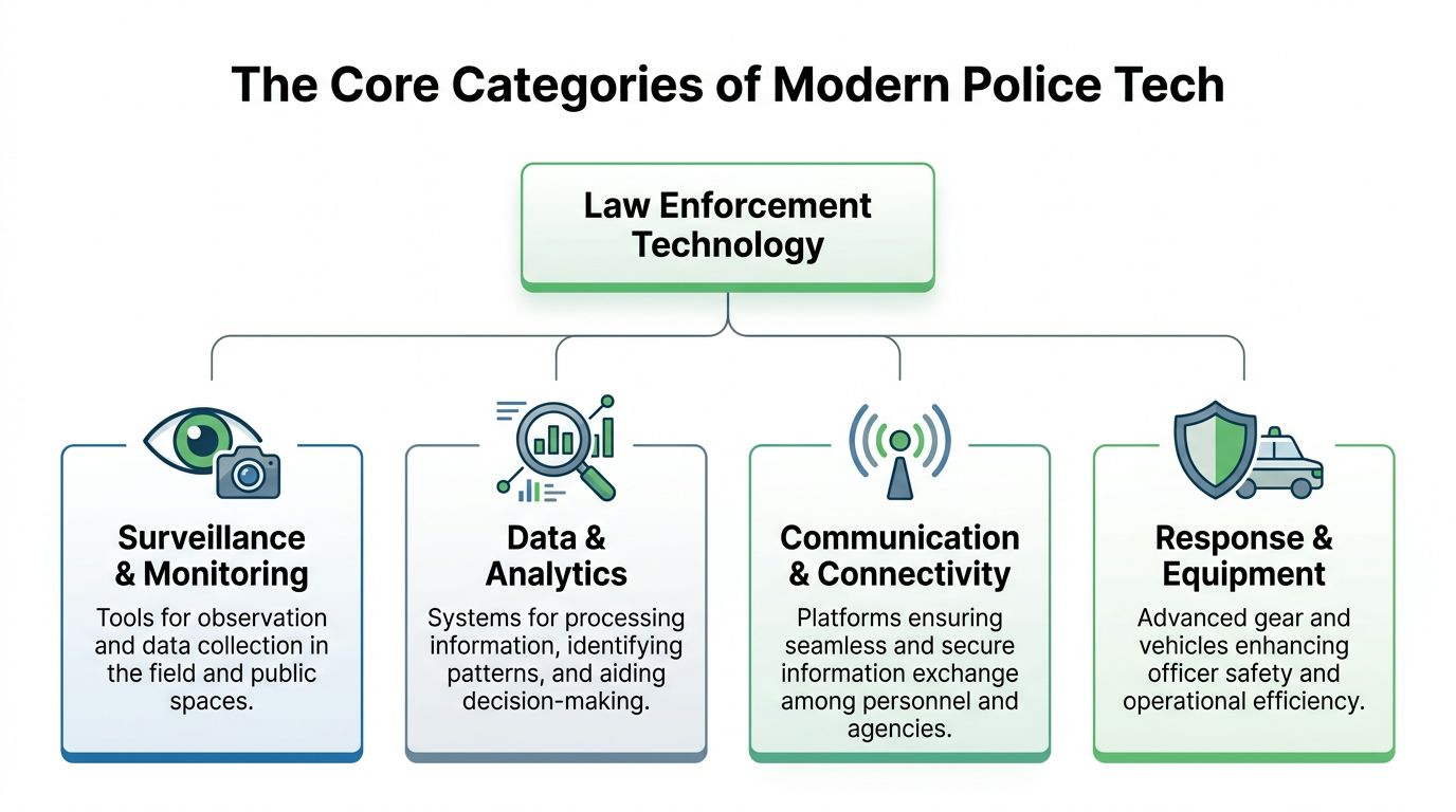 A diagram outlining the four core categories of modern law enforcement technology: surveillance, data, communication, and equipment.