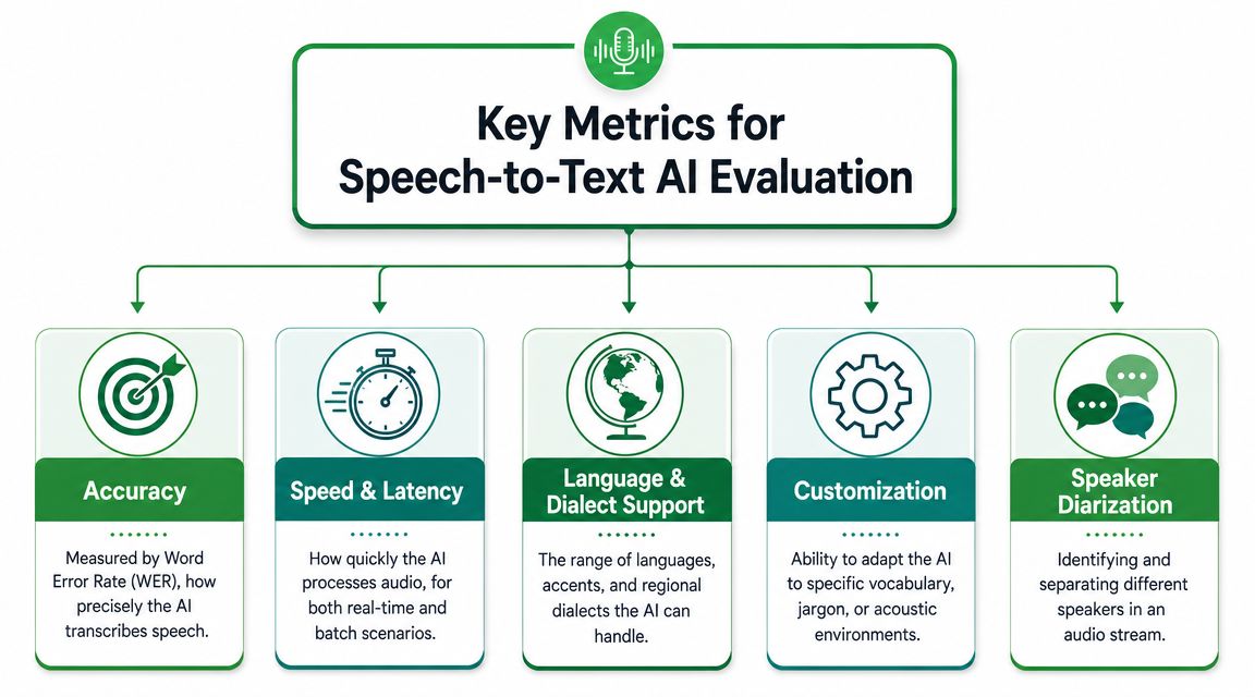 A diagram outlining five key metrics for evaluating speech-to-text AI technology, including accuracy, speed, and diarization.