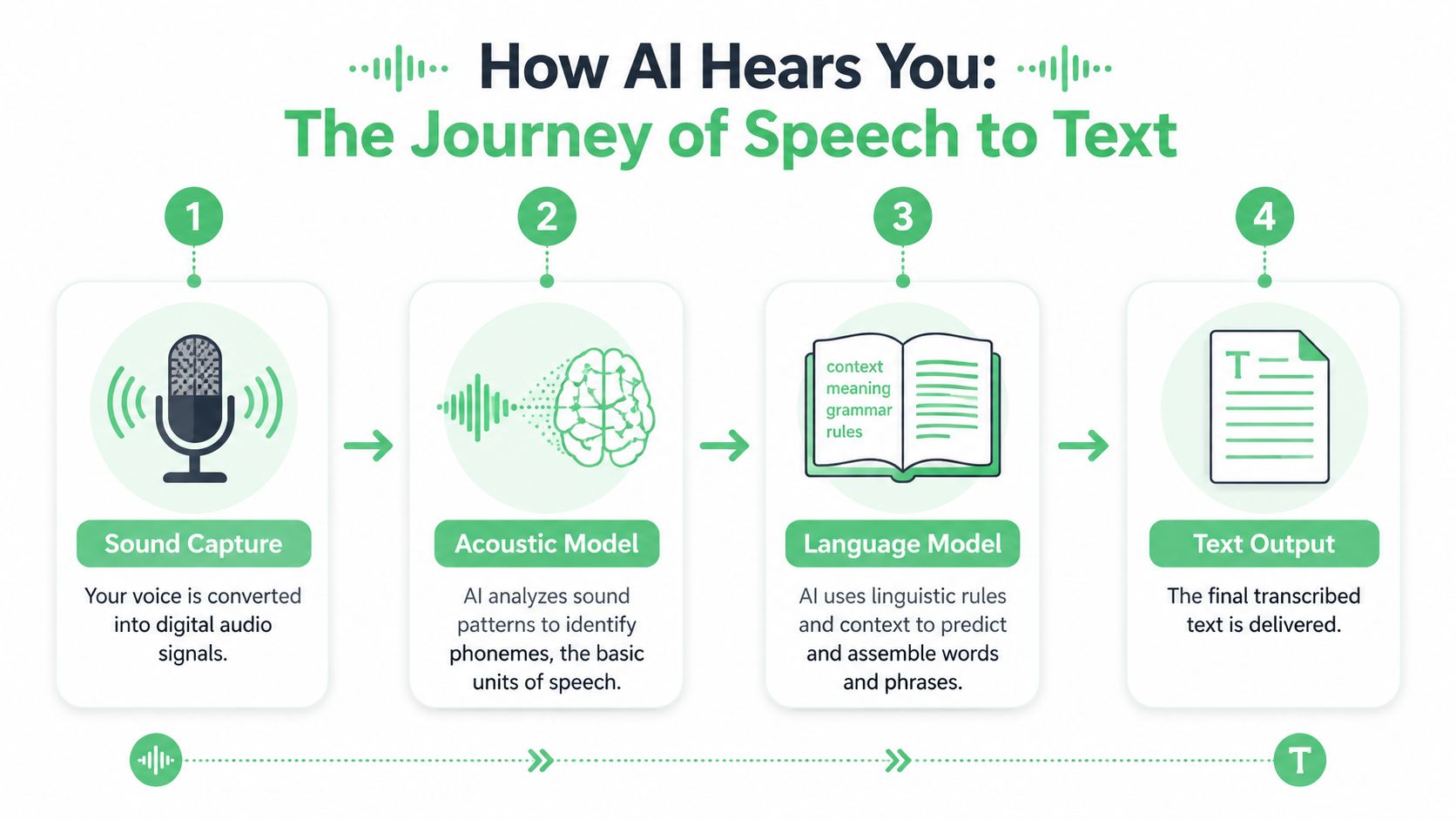 A four-step infographic illustrating how AI converts human voice into transcribed text through digital processing stages.
