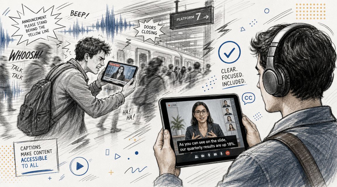 A person wearing headphones uses a tablet with closed captions to focus in a noisy train station.