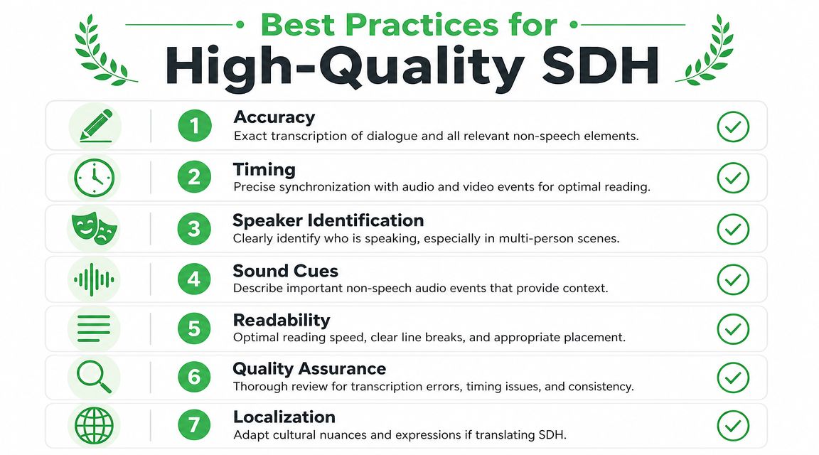 A list of seven best practices for creating high-quality SDH subtitles for accessibility and clarity.