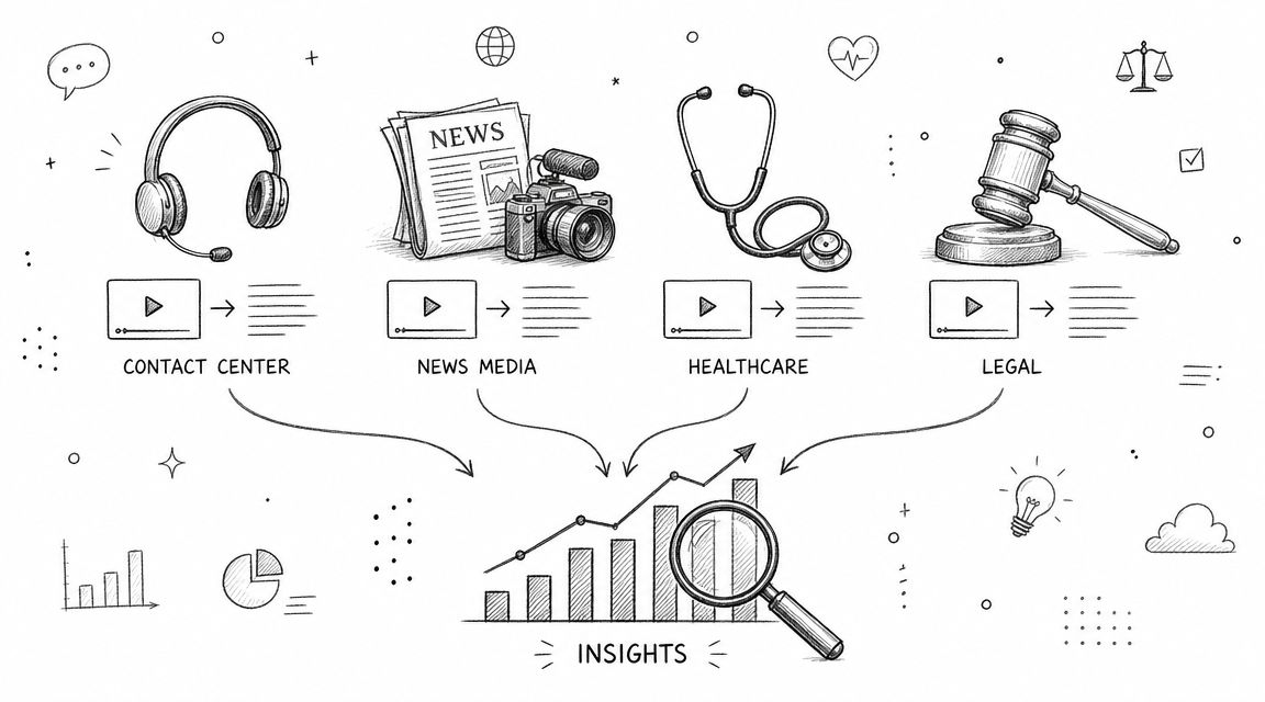 A hand-drawn illustration showing how video transcription from various industries leads to data-driven business insights.