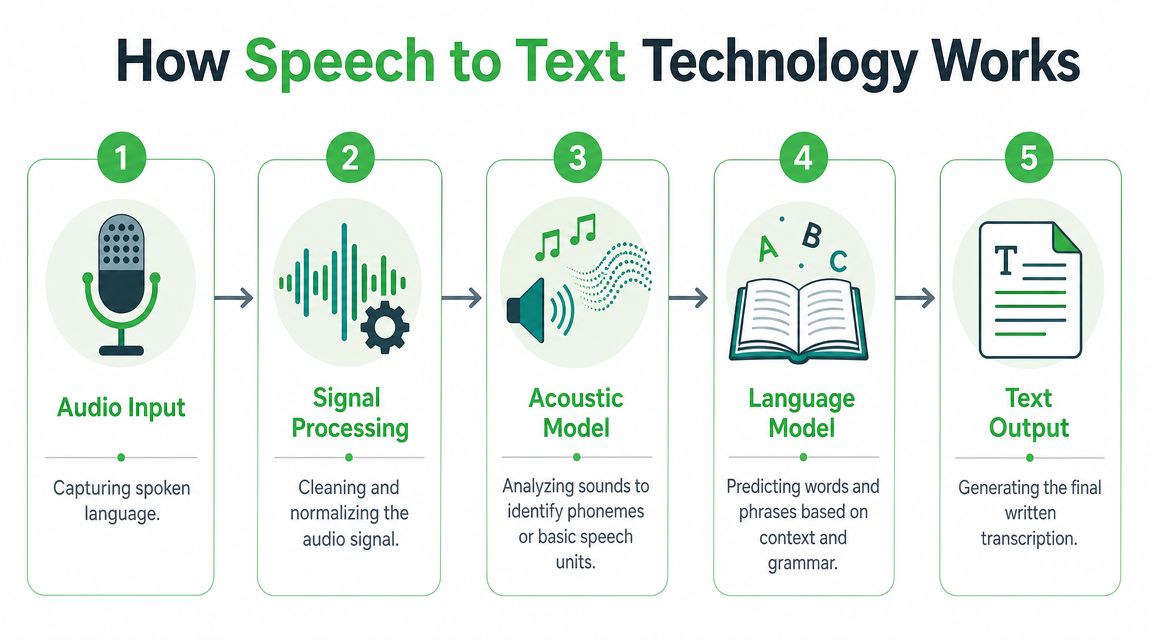 A five-step flowchart illustrating how speech to text technology converts spoken audio into written text.