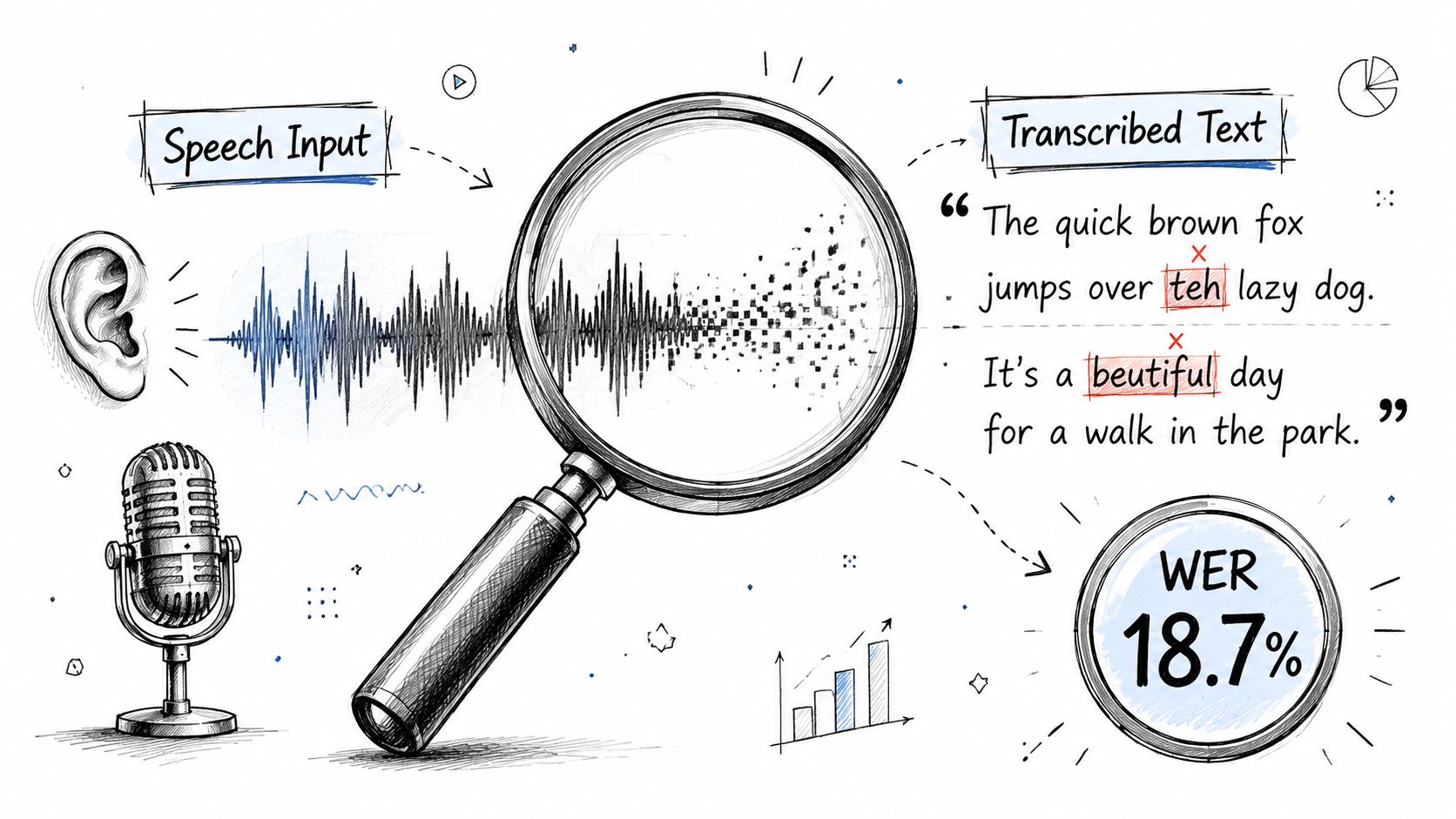 A hand-drawn illustration showing speech input being processed into transcribed text with a word error rate calculation.