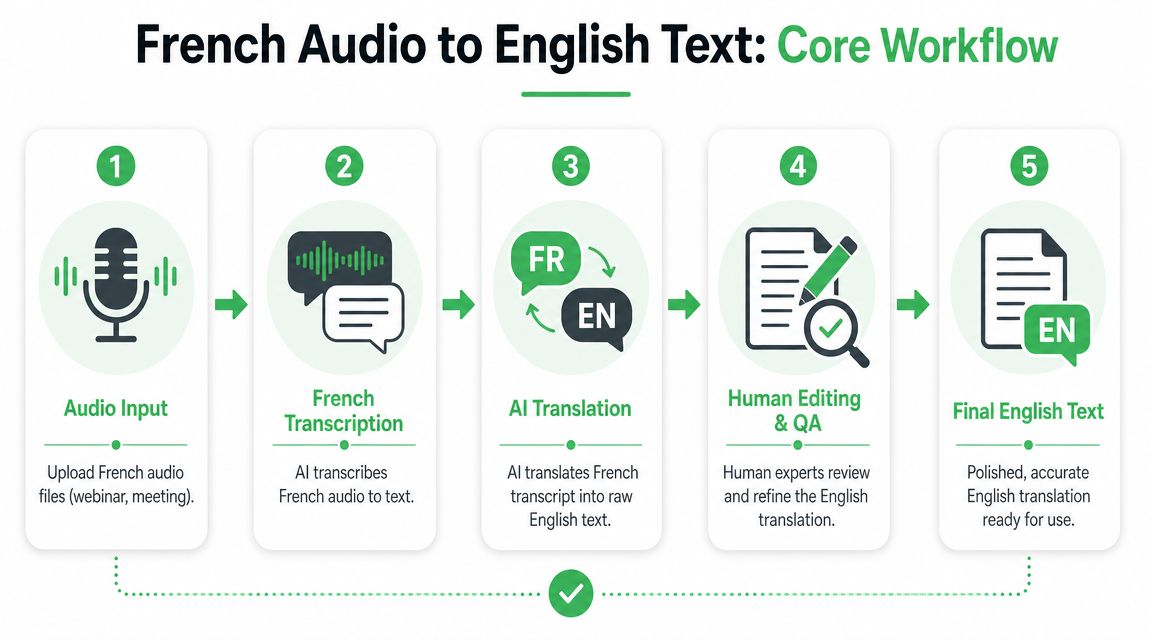 A five-step flowchart illustrating the workflow of converting French audio files into polished English text documents.