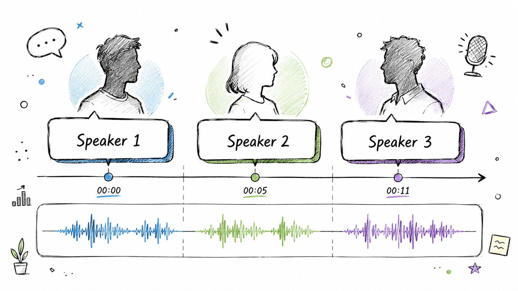 A hand-drawn infographic depicting audio diarization with three distinct speakers, timestamps, and corresponding waveform visualizations.