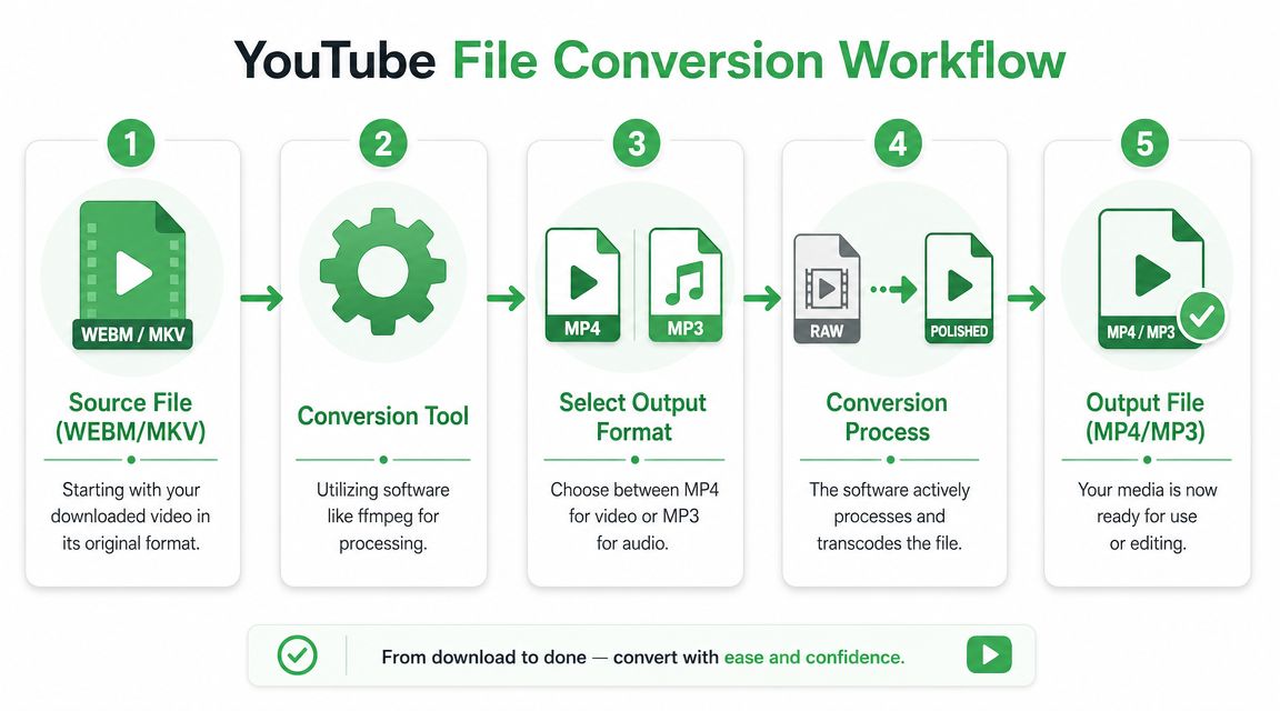 A five-step instructional diagram illustrating the professional workflow for converting downloaded YouTube video files into different formats.