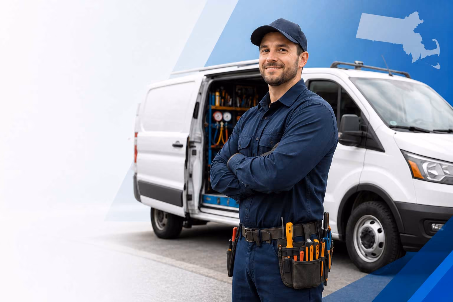 Certified Massachusetts HVAC technician standing in front of a commercial service van