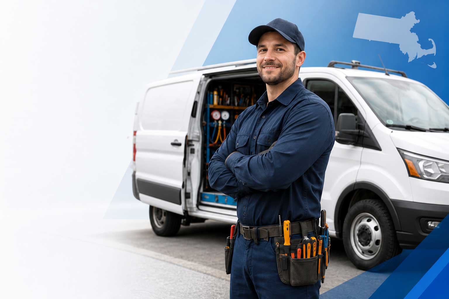 Certified Massachusetts HVAC technician standing in front of a commercial service van