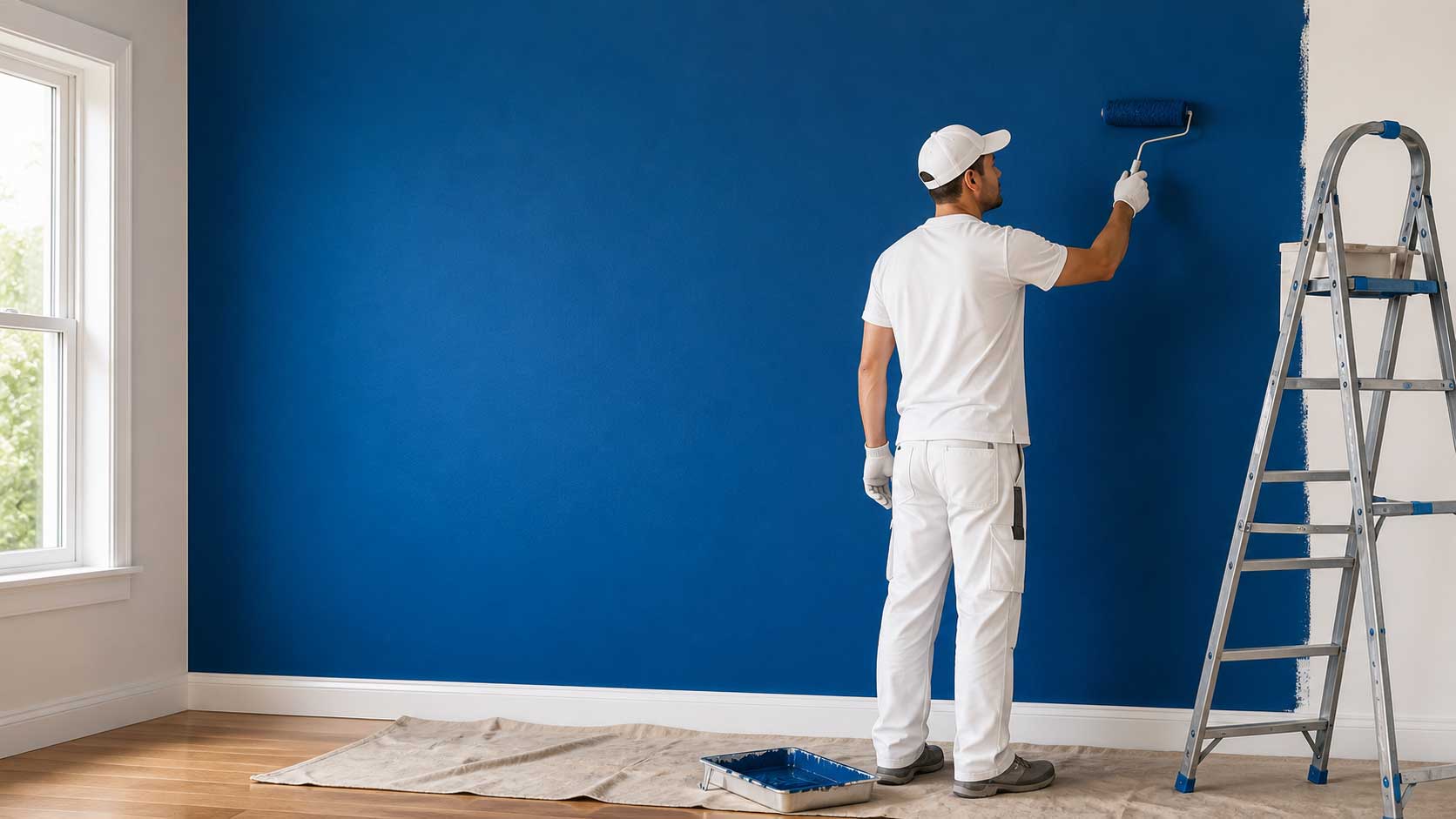Painting contractor in white coveralls rolling blue paint on an interior wall in Massachusetts