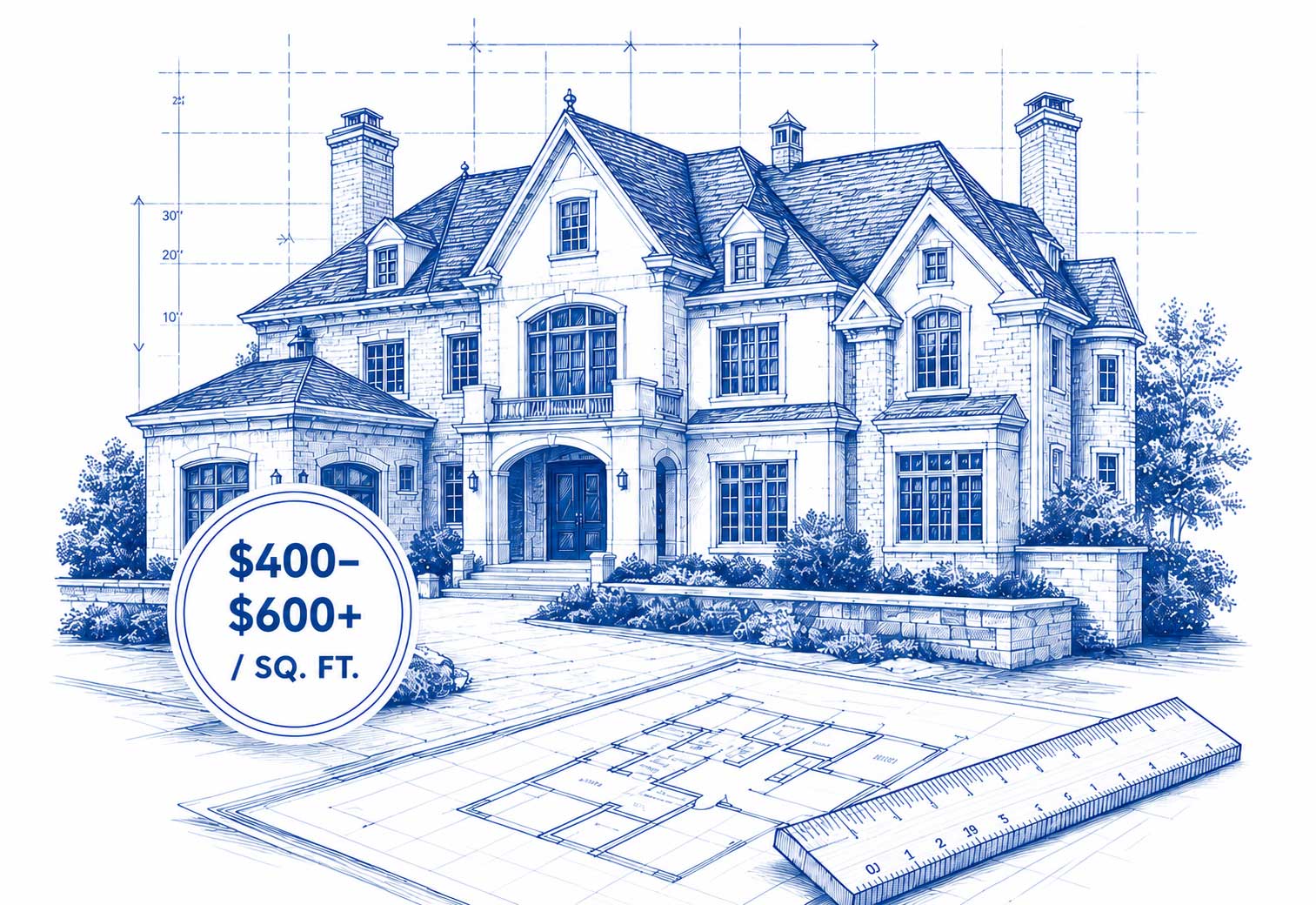 Illustration of a luxury New England estate home with architectural blueprints showing $400 to $600+ per square foot rebuilding costs