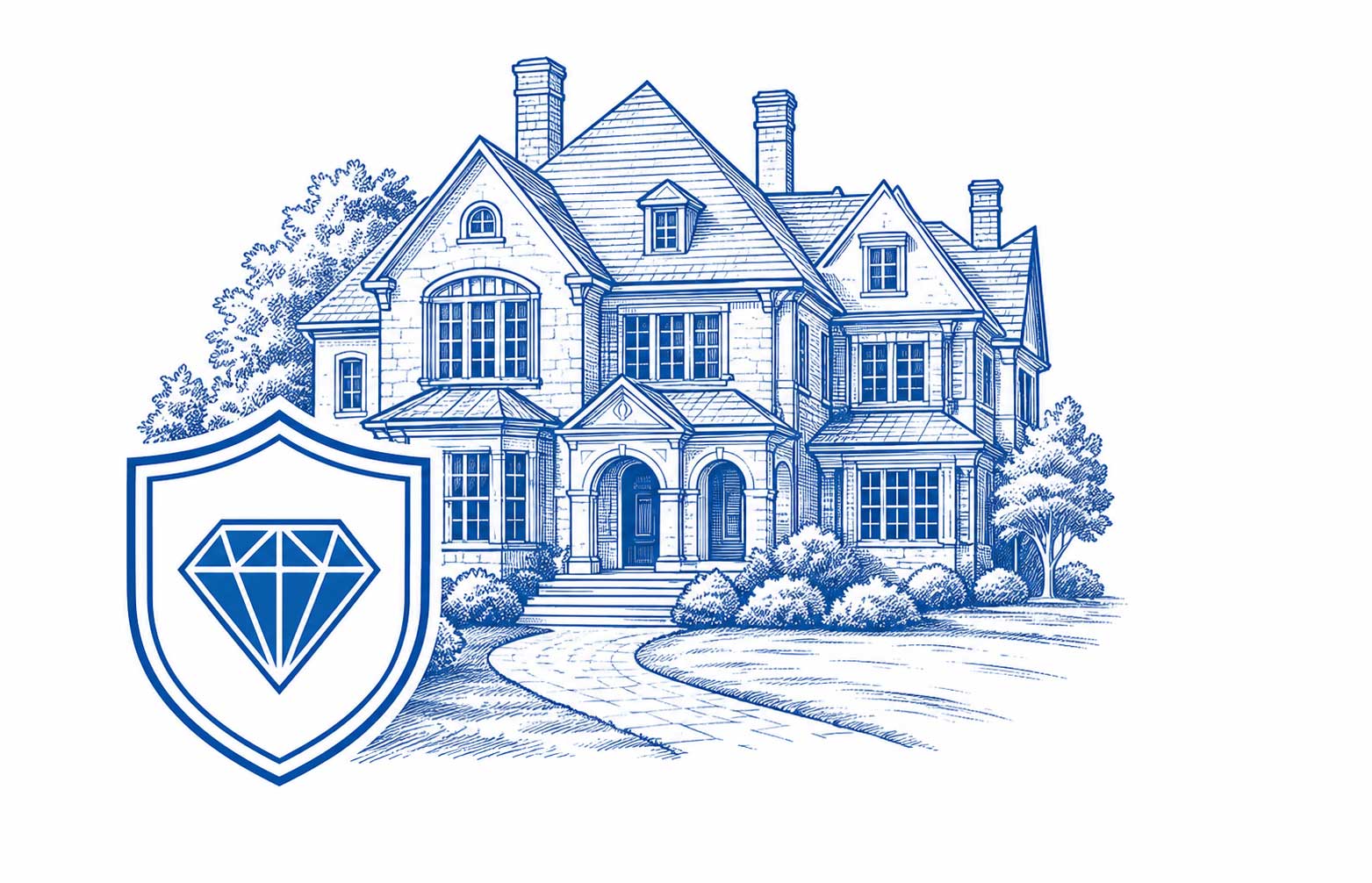 Illustration of a luxury estate home with a shield and diamond icon representing high-net-worth home insurance