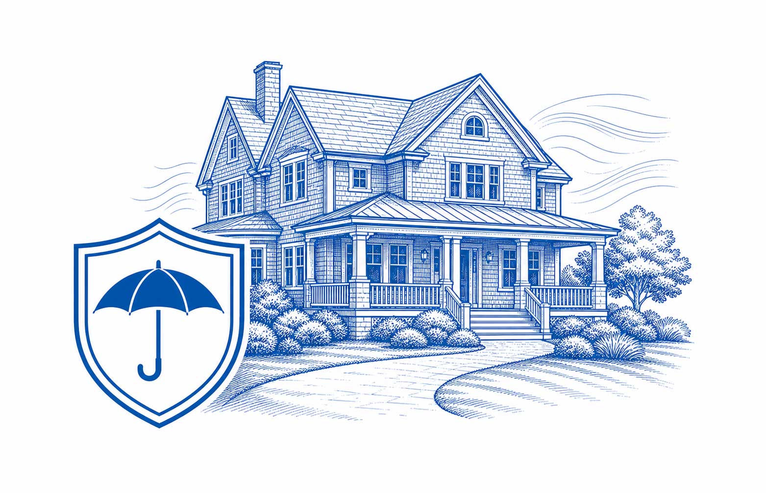 Illustration of a coastal home with a shield and umbrella icon representing the Massachusetts FAIR Plan residual market
