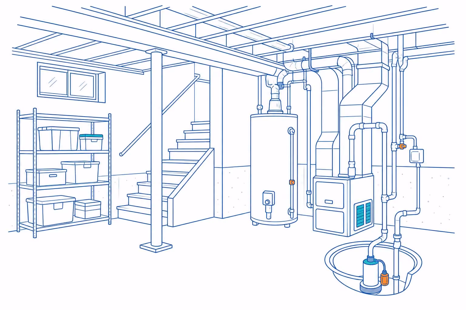 Illustration of an unfinished basement with mechanicals and sump pump