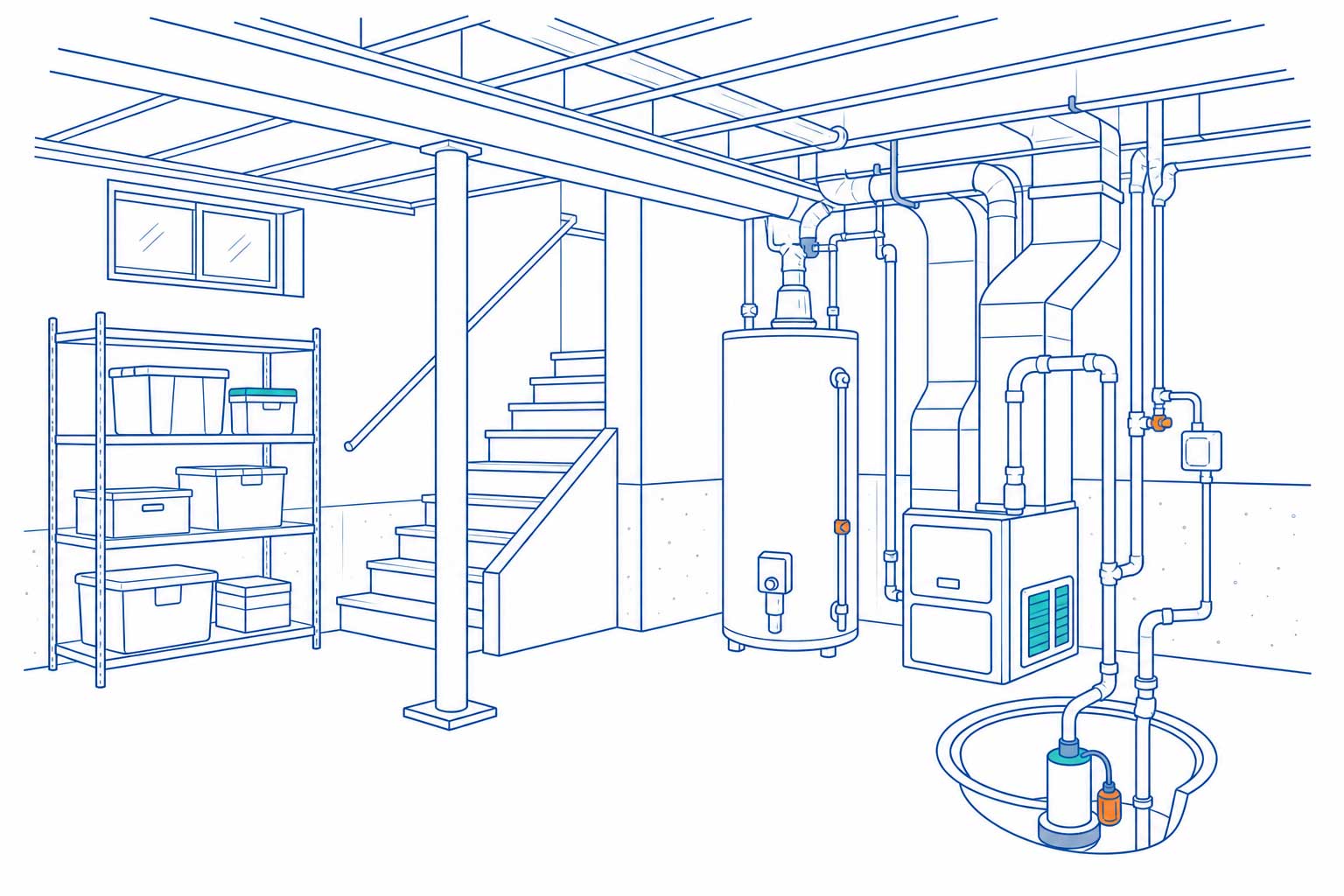 Illustration of an unfinished basement with mechanicals and sump pump