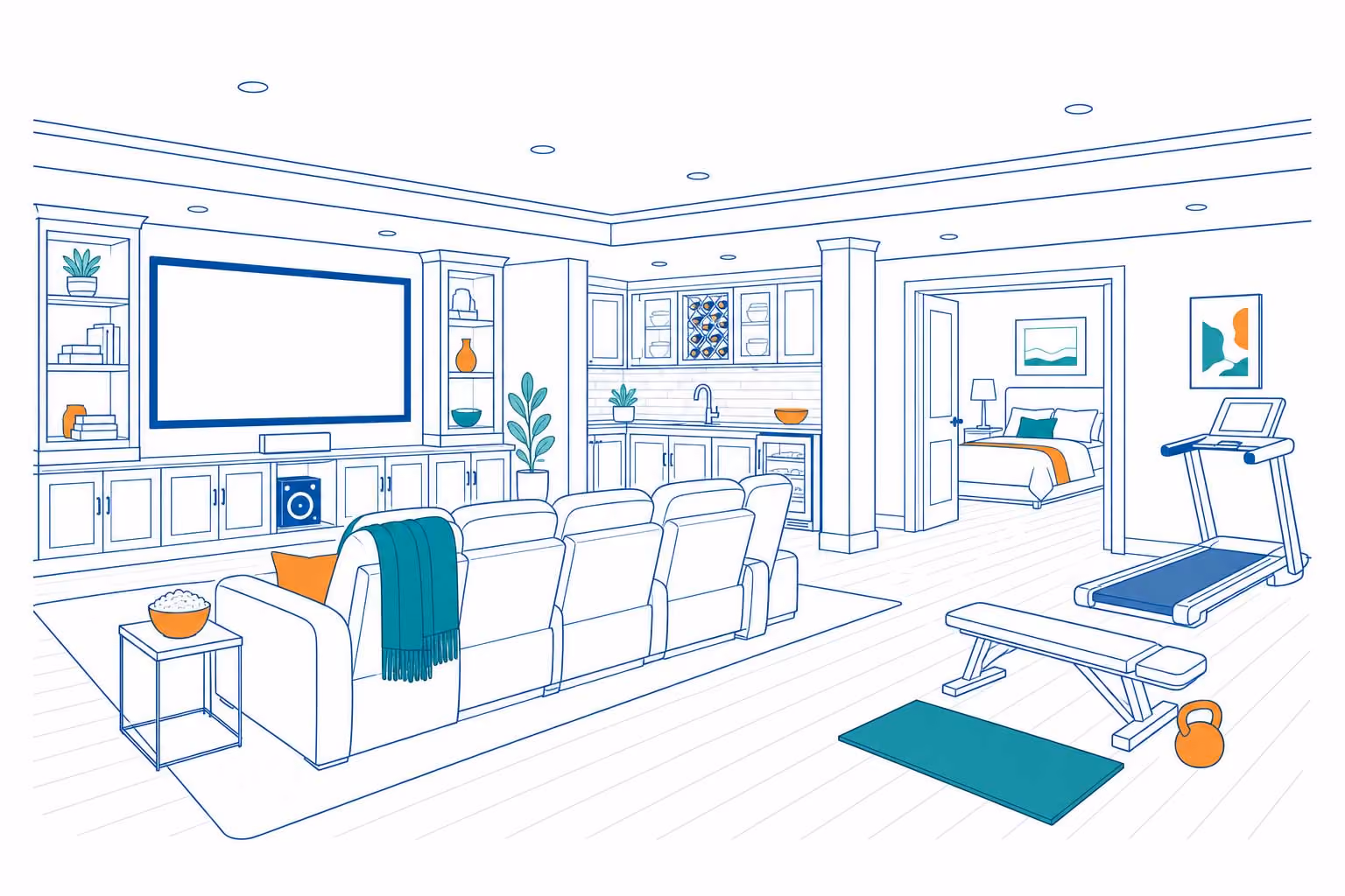Illustration of a finished luxury basement with theater, gym, and guest suite