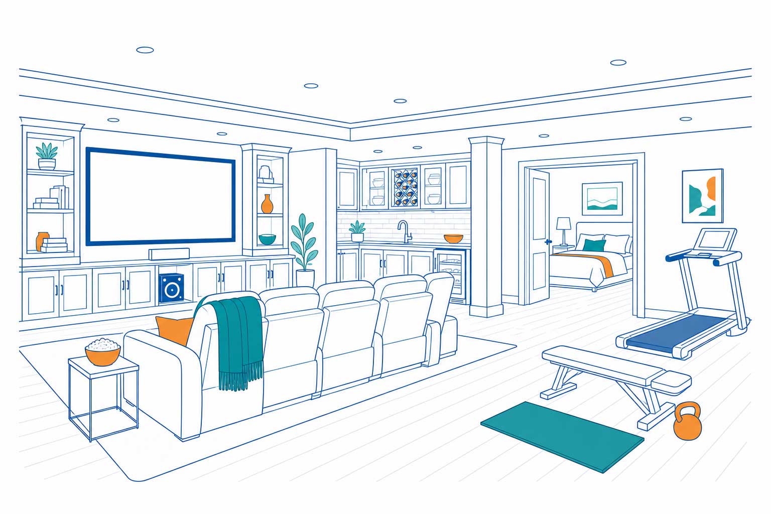 Illustration of a finished luxury basement with theater, gym, and guest suite