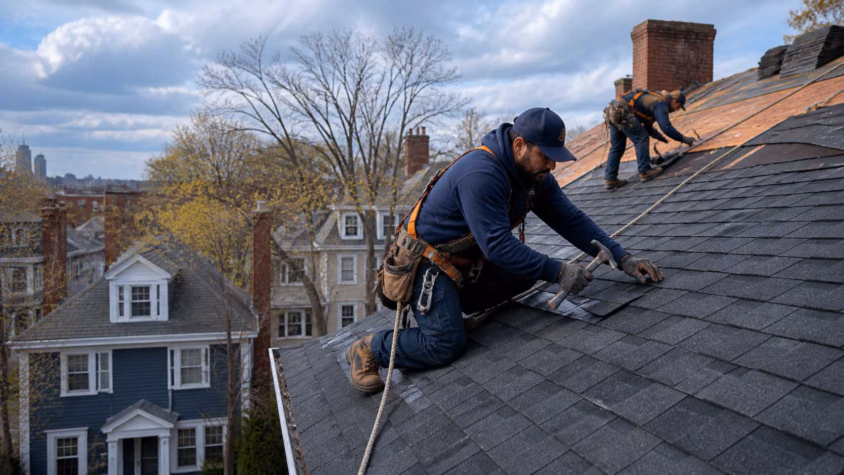 Roofing contractor working on a Massachusetts commercial roof